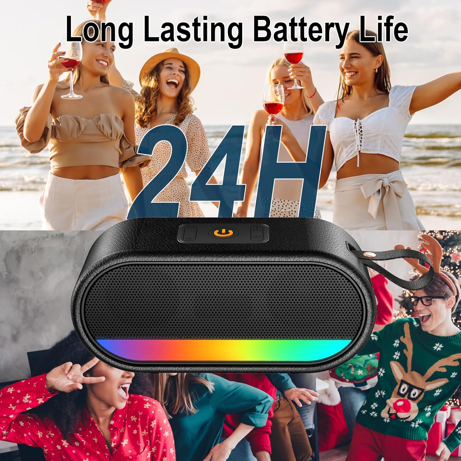 Portable Bluetooth Speaker 5.3 Bass Waterproof IPX6 RGB Lights