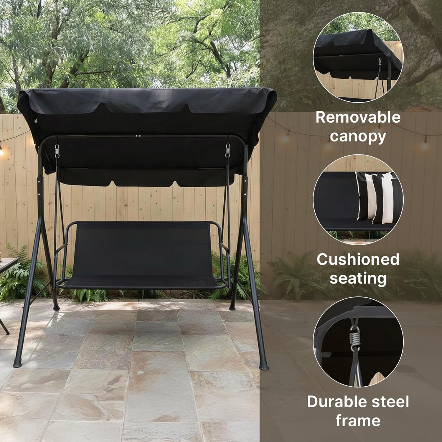 Black 3 Seater Garden Swing Bench with Canopy