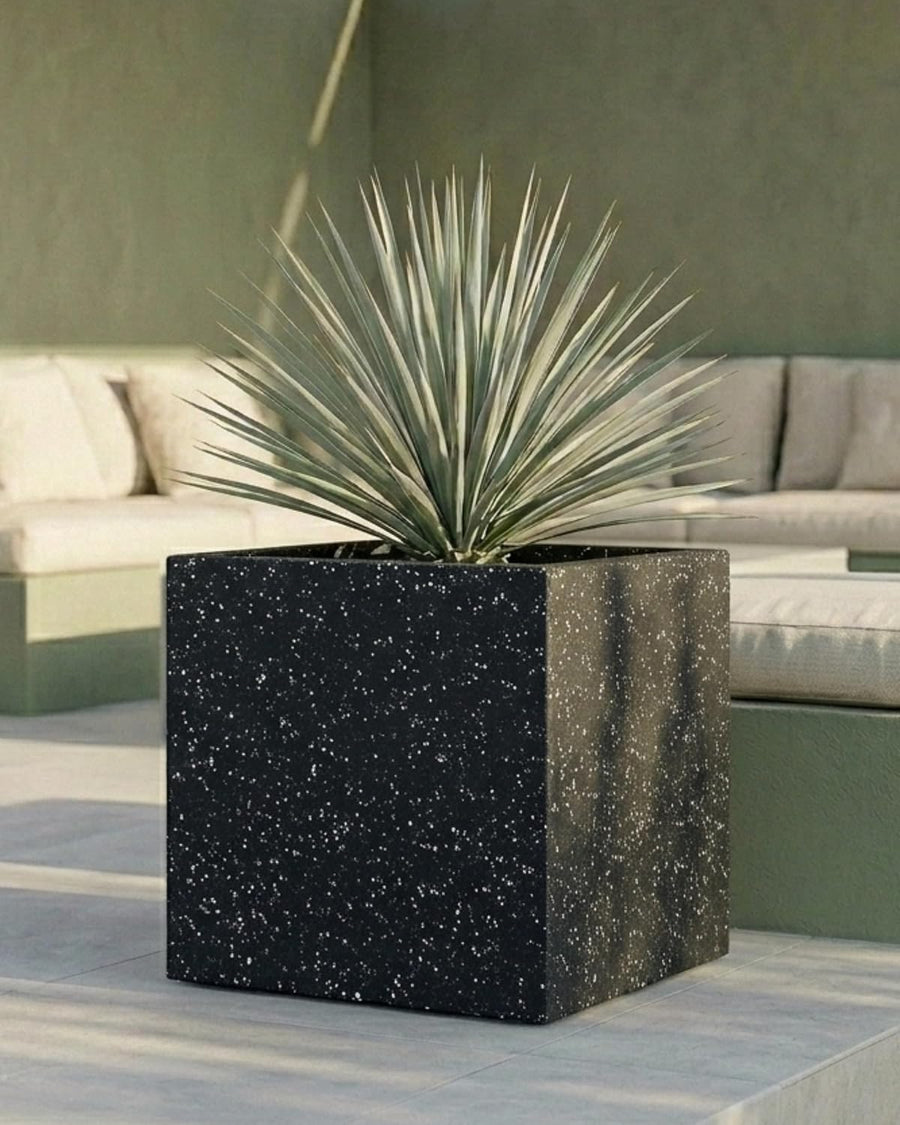 40cm Black Terrazzo Square Planter Stone Effect Garden Pot