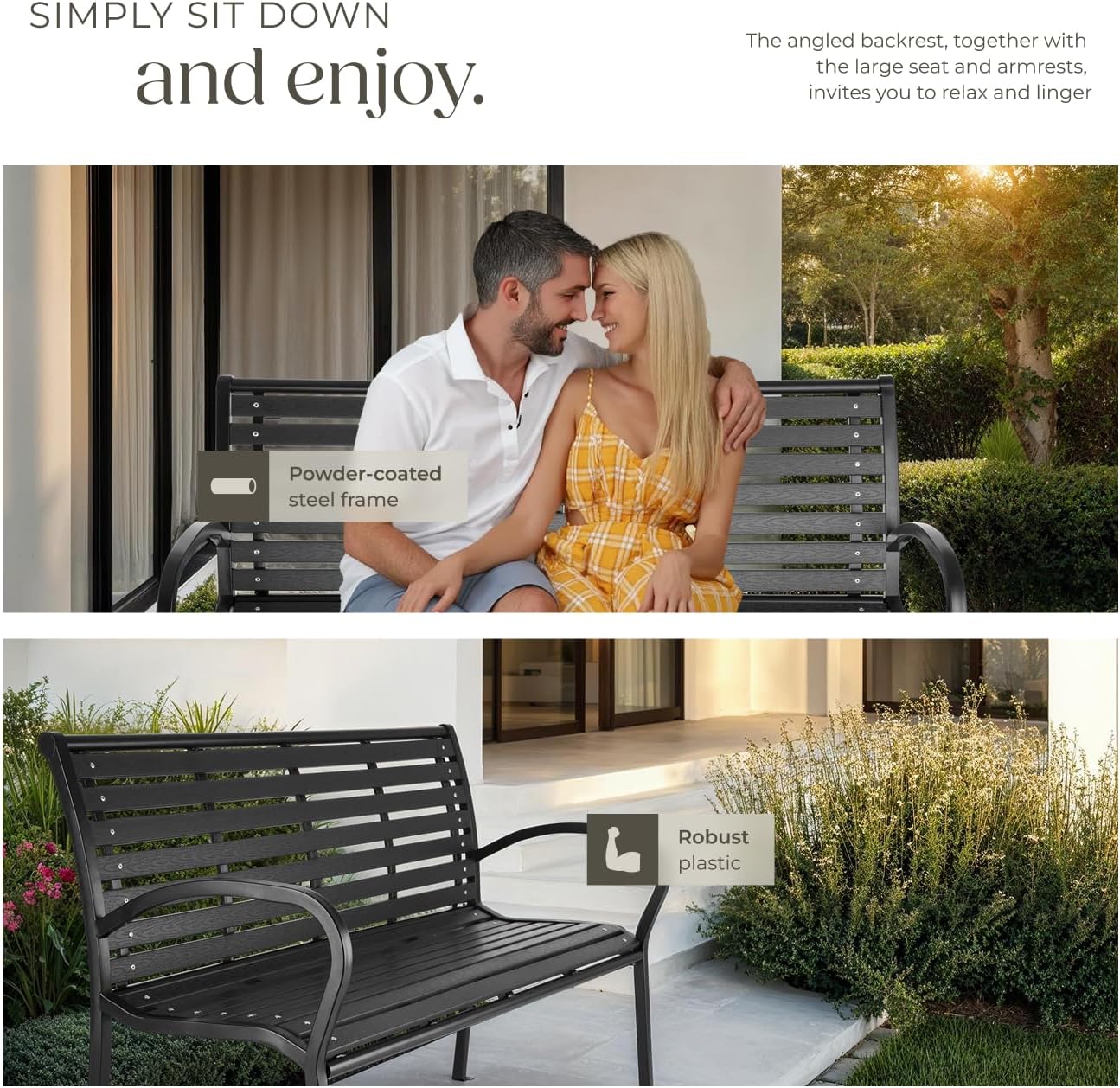 3 Seater Garden Bench Steel Frame Outdoor Patio Park Seat Black