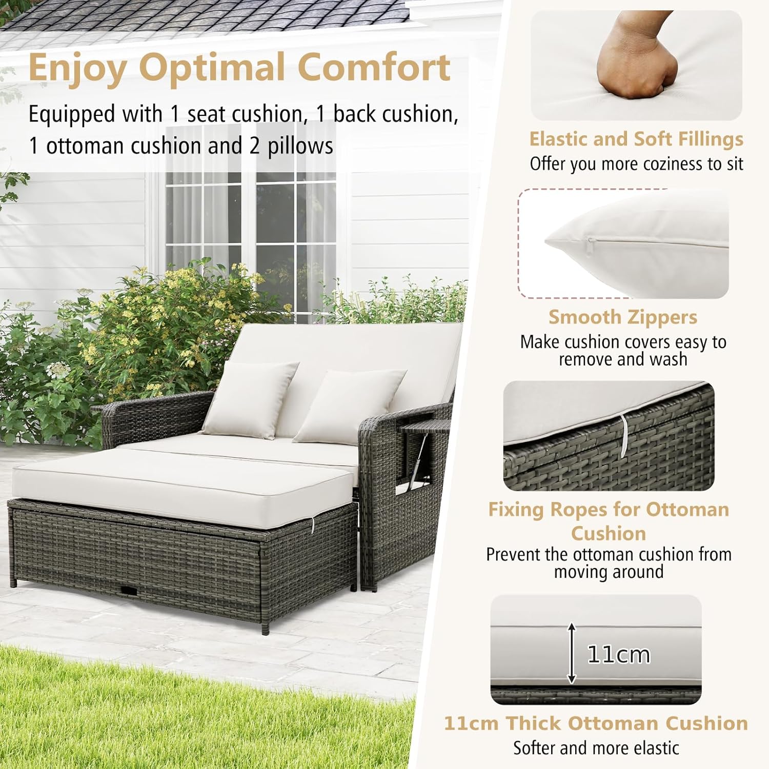 Double Rattan Daybed Sofa Bed with Storage Trays