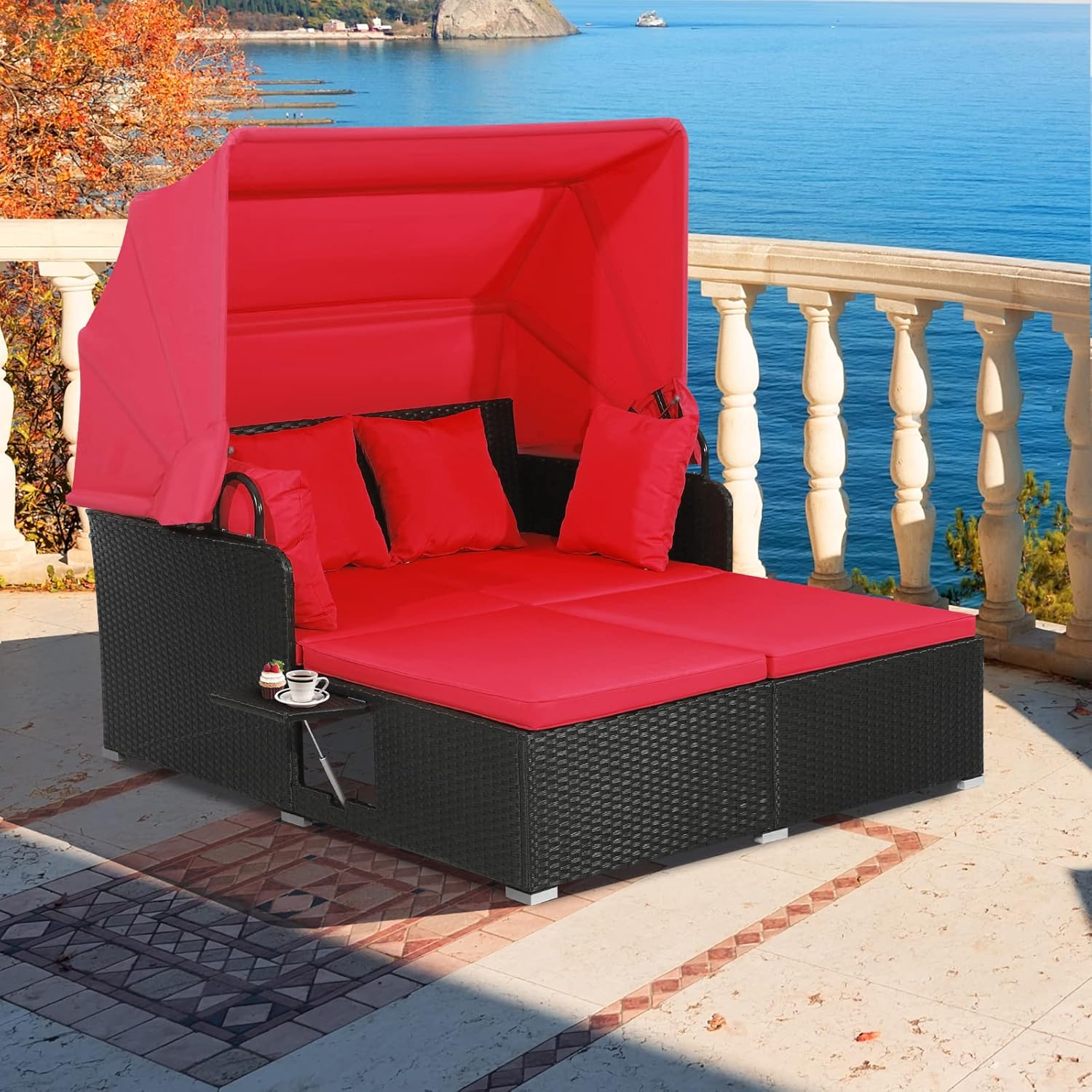 Rattan Garden Daybed 2 Seat Sun Lounger Canopy Red