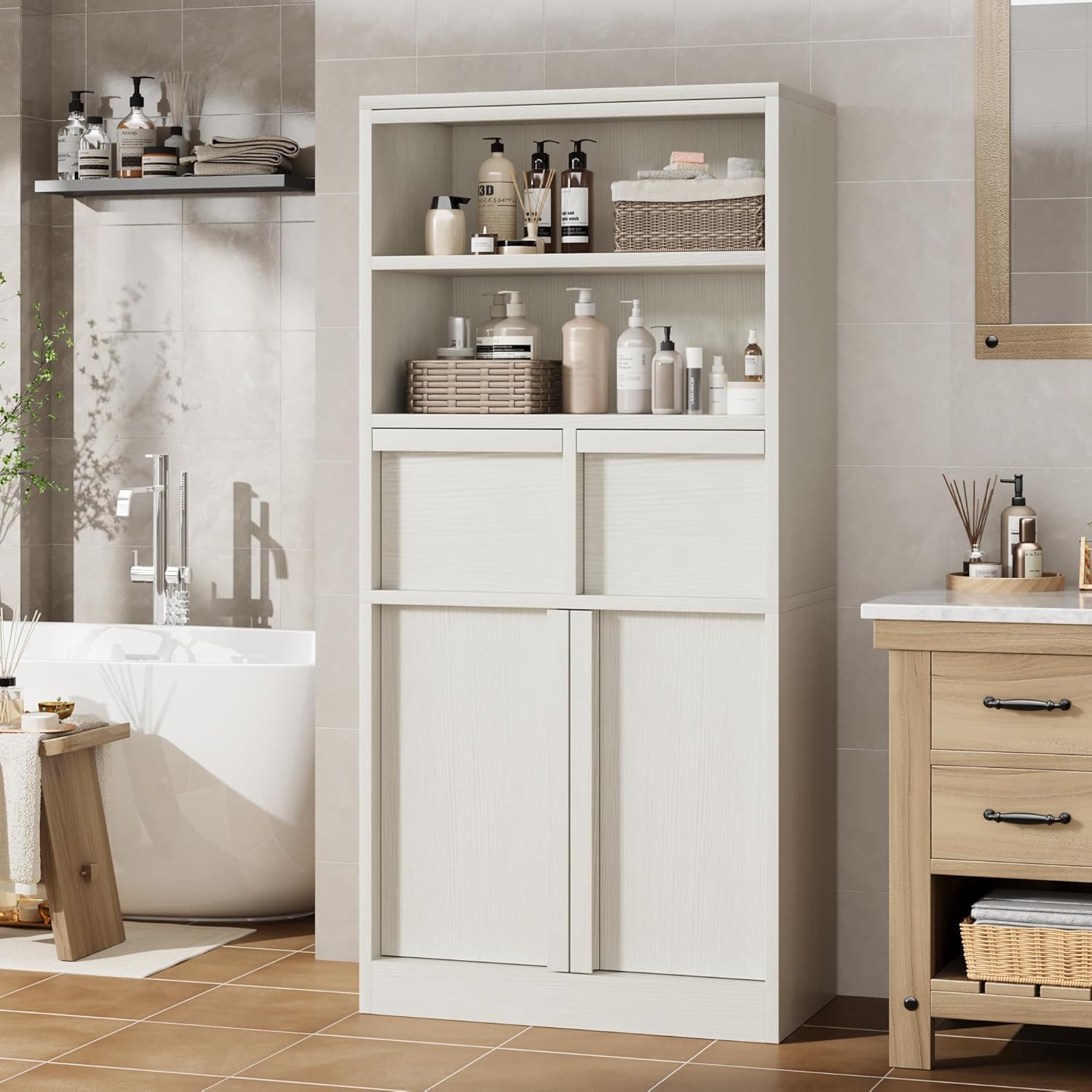 Tall Bathroom Storage Cabinet White 2 Drawers Door Unit