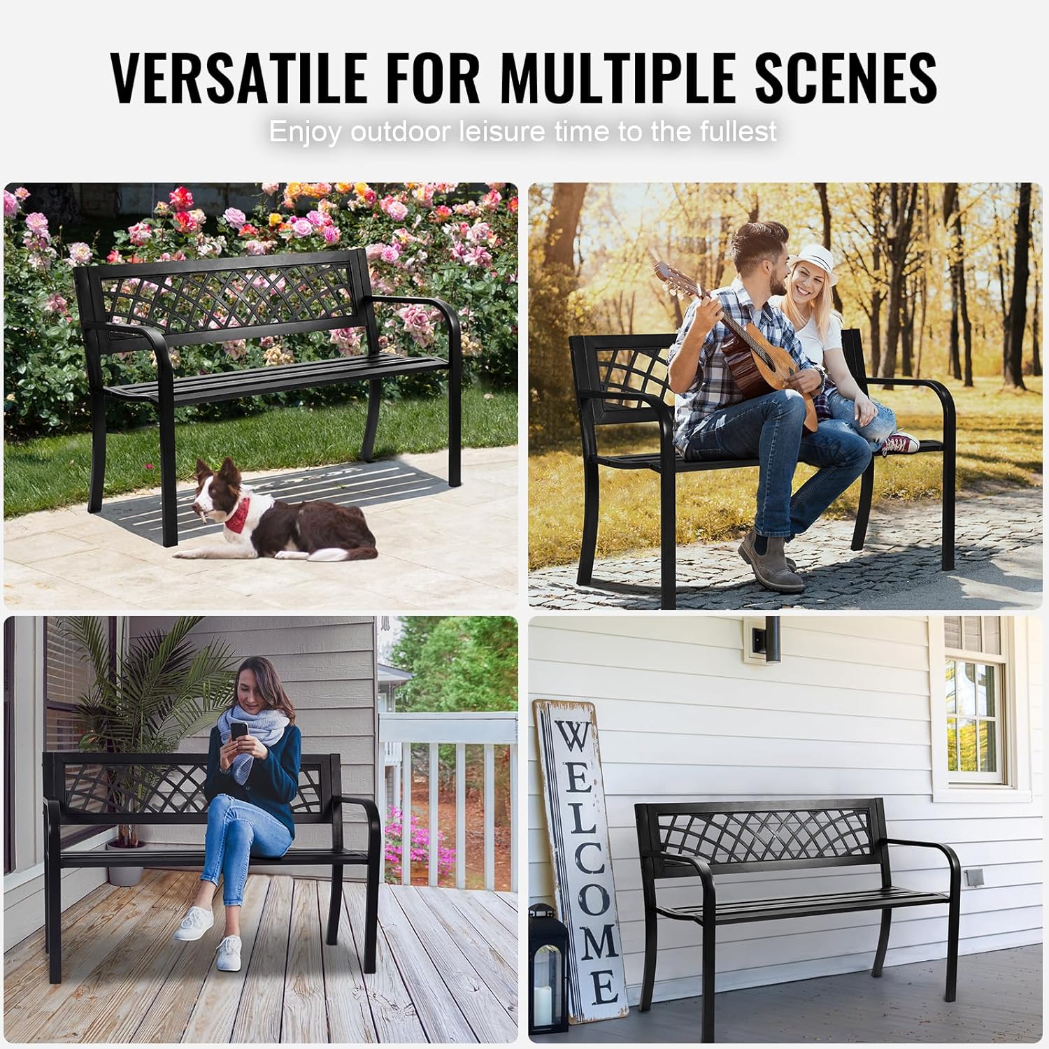 Metal Garden Bench 3 Seater Outdoor Patio Park Seat Black
