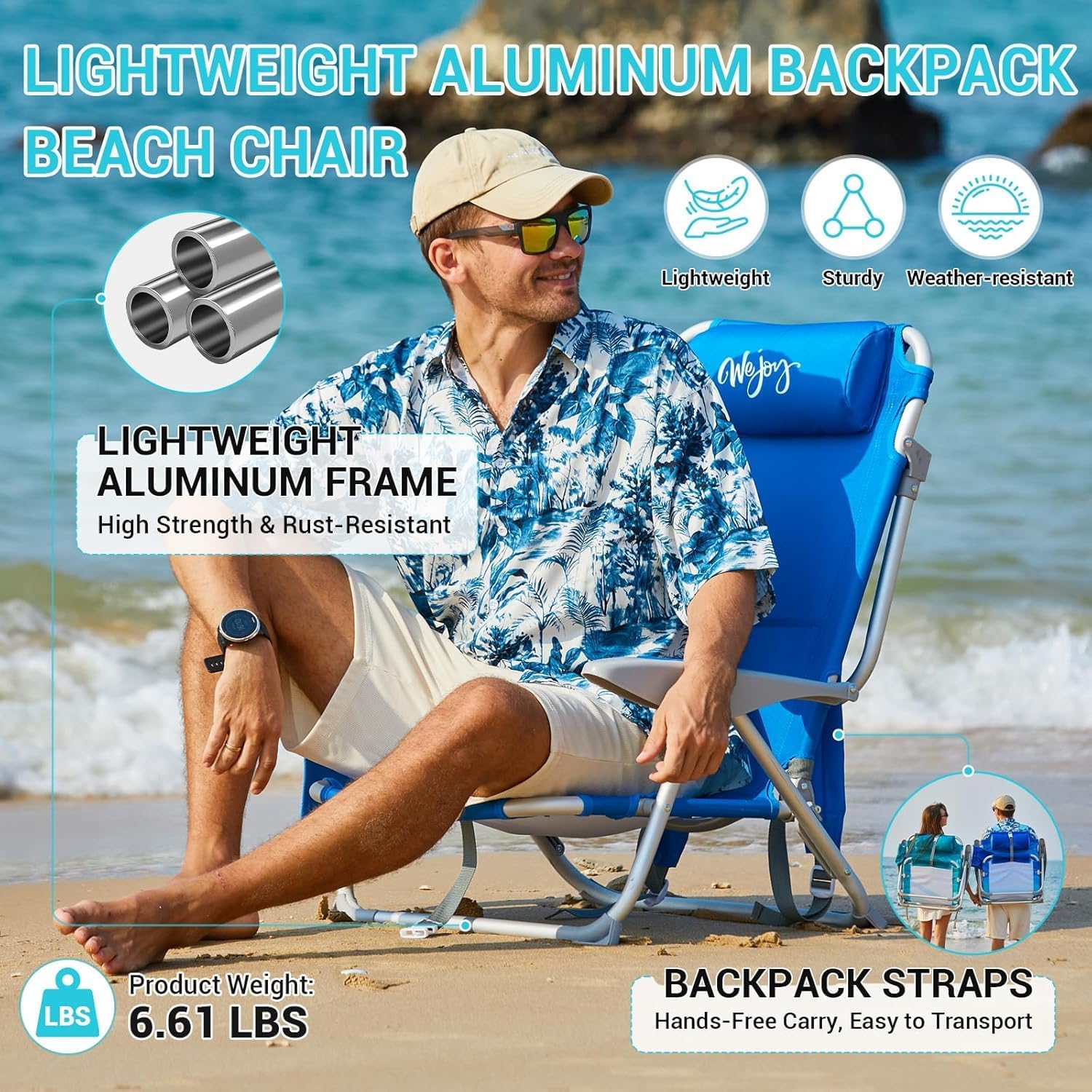 2 Pack Blue Adjustable Beach Chairs Folding Reclining Camping Seats