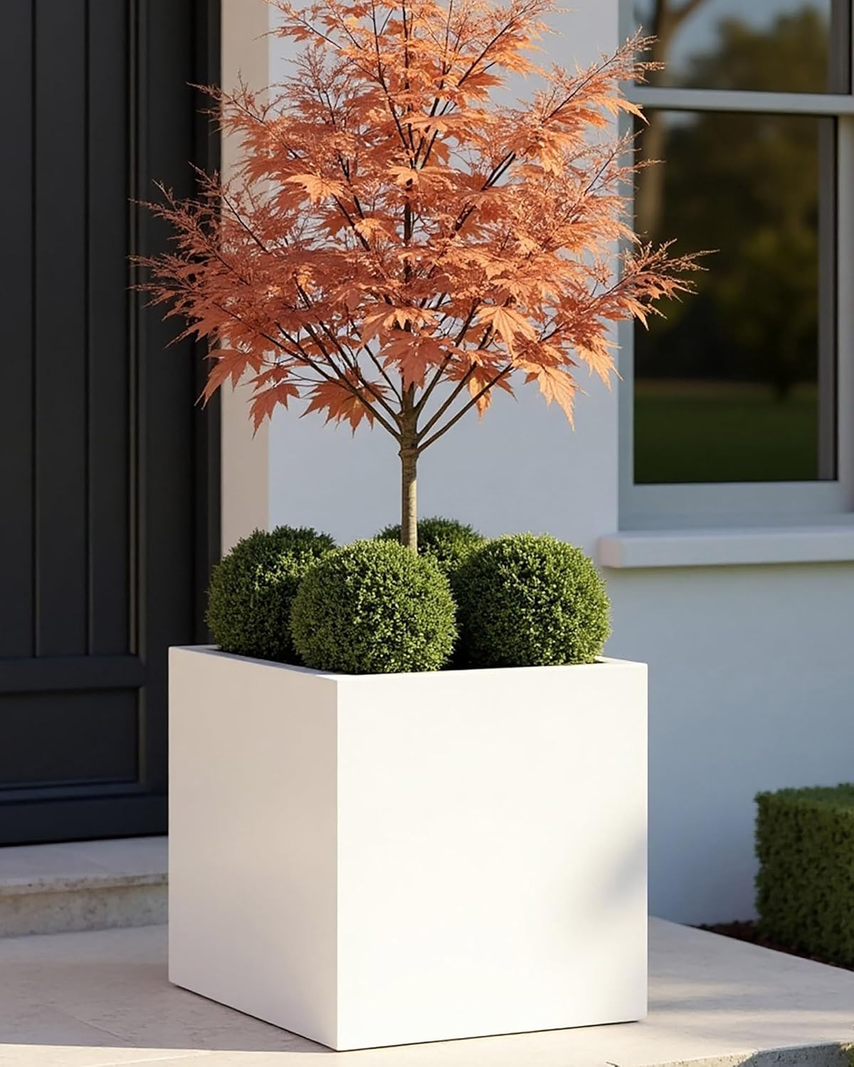 40cm White Square Planter Stone Effect Garden Pot Drainage