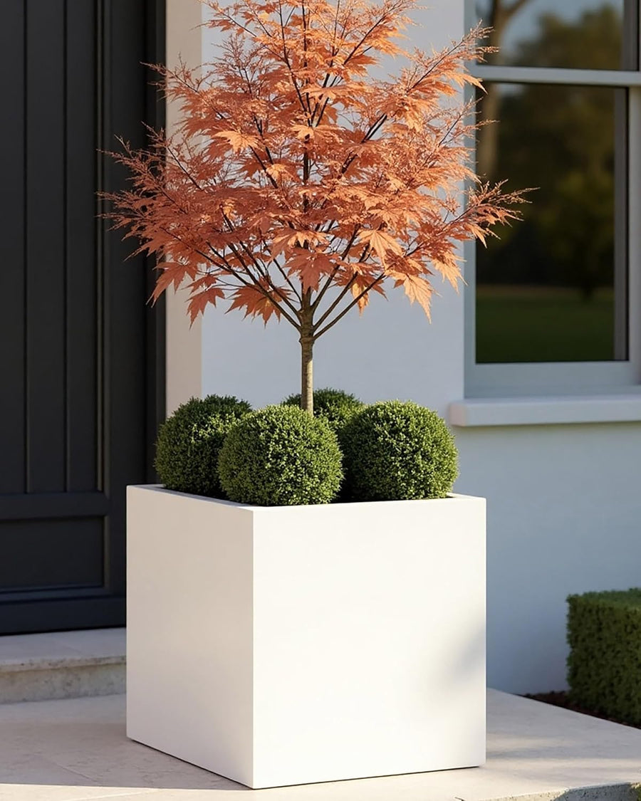 40cm White Square Planter Stone Effect Garden Pot Drainage