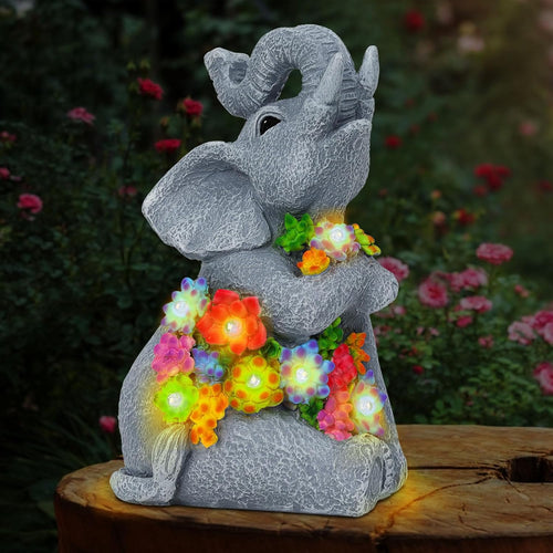 Solar Elephant Garden Statue LED Lights Waterproof Outdoor Decor