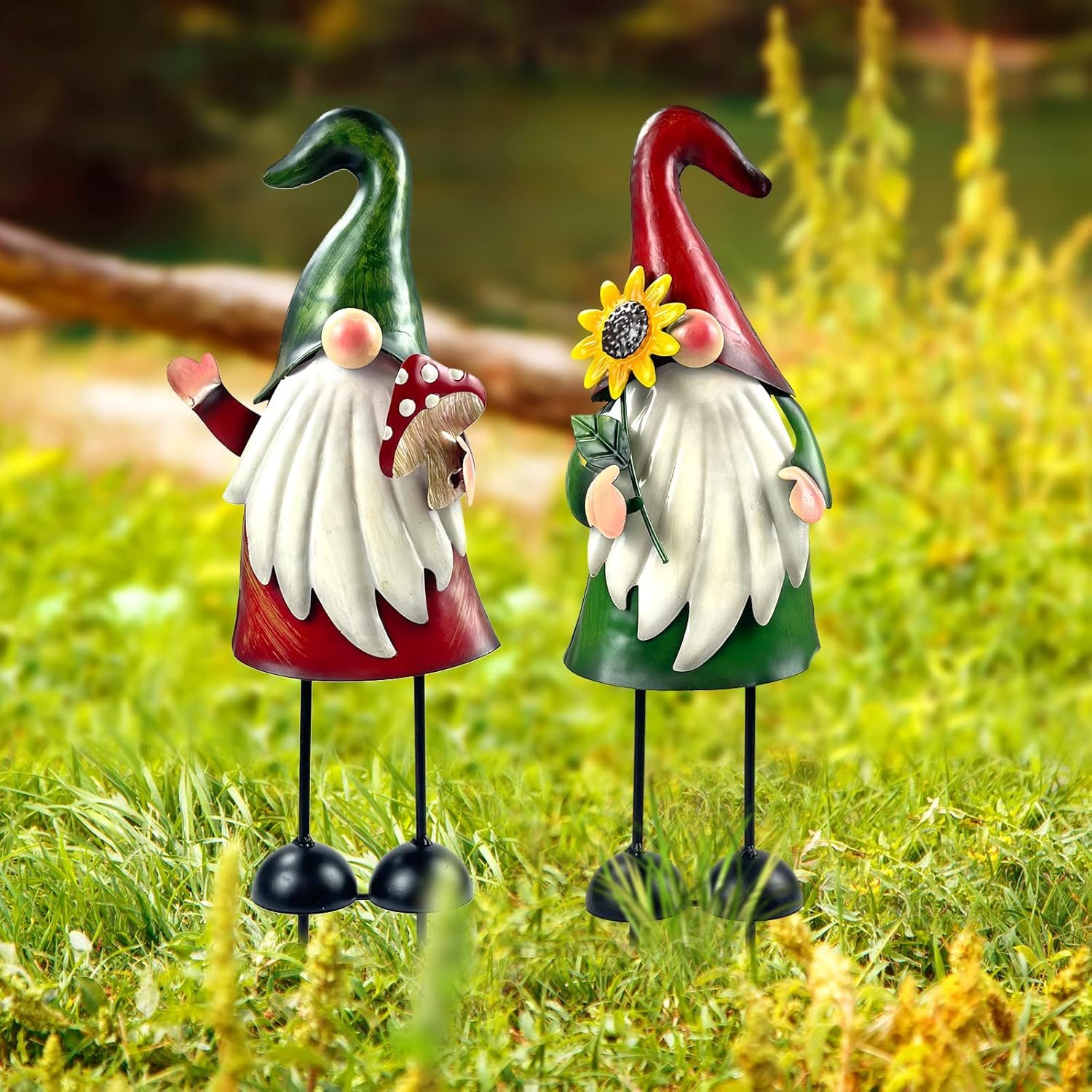 2Pcs Metal Garden Gnome Stakes 18in Outdoor Yard Decor