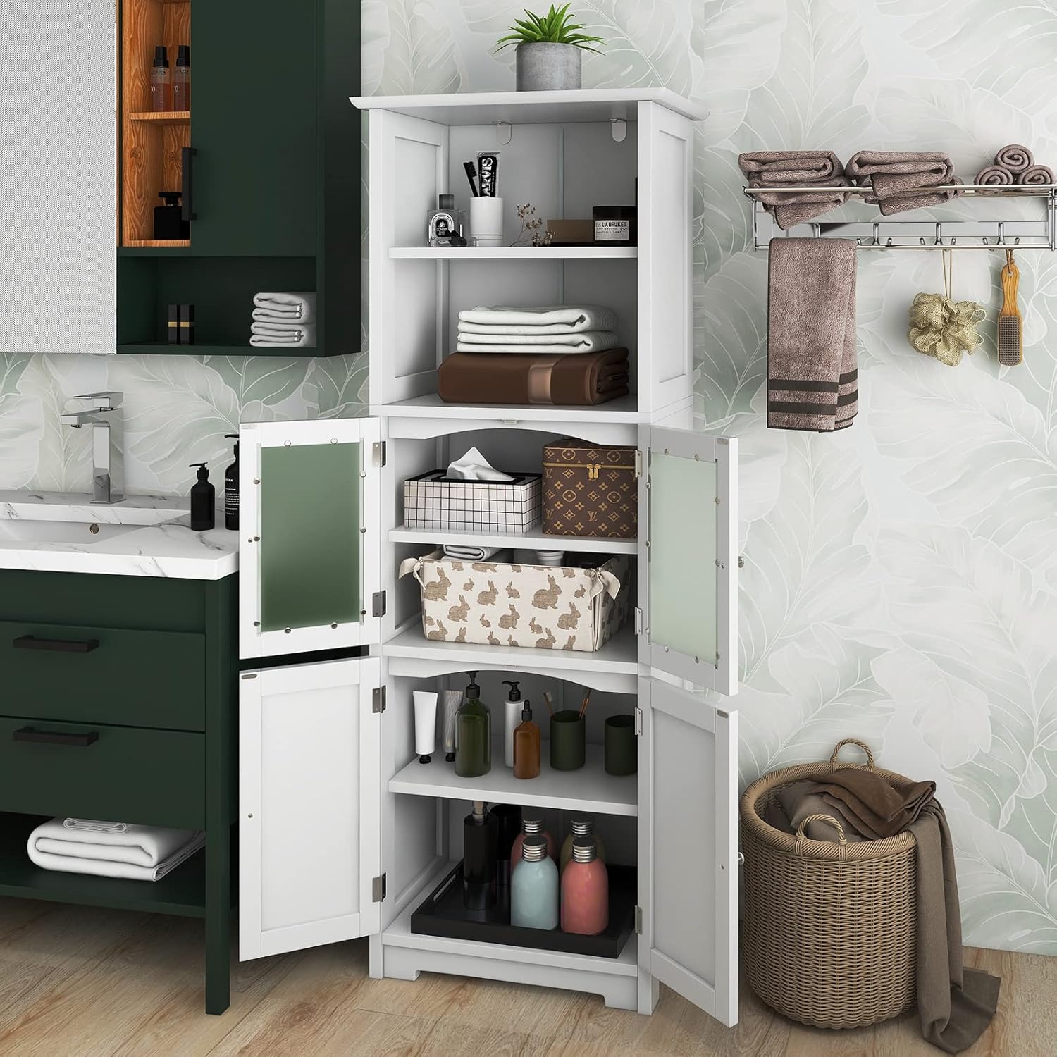 Tall Storage Cabinet Glass Door Shelf Unit White