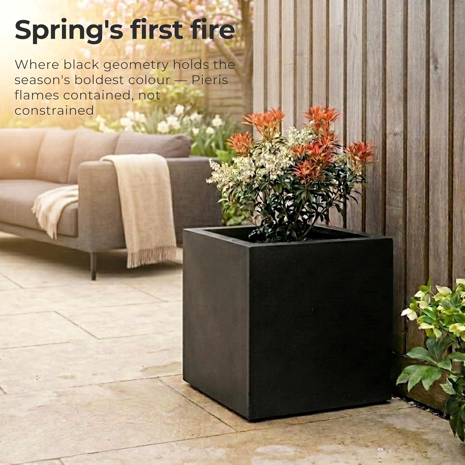 30cm Black Square Planter Stone Effect Garden Pot Drainage