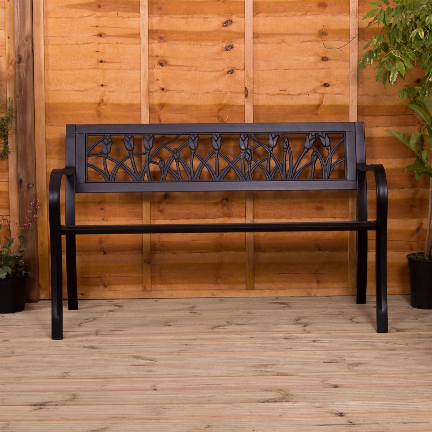 3 Seater Metal Garden Bench Tulip Back Outdoor Patio Park Seat