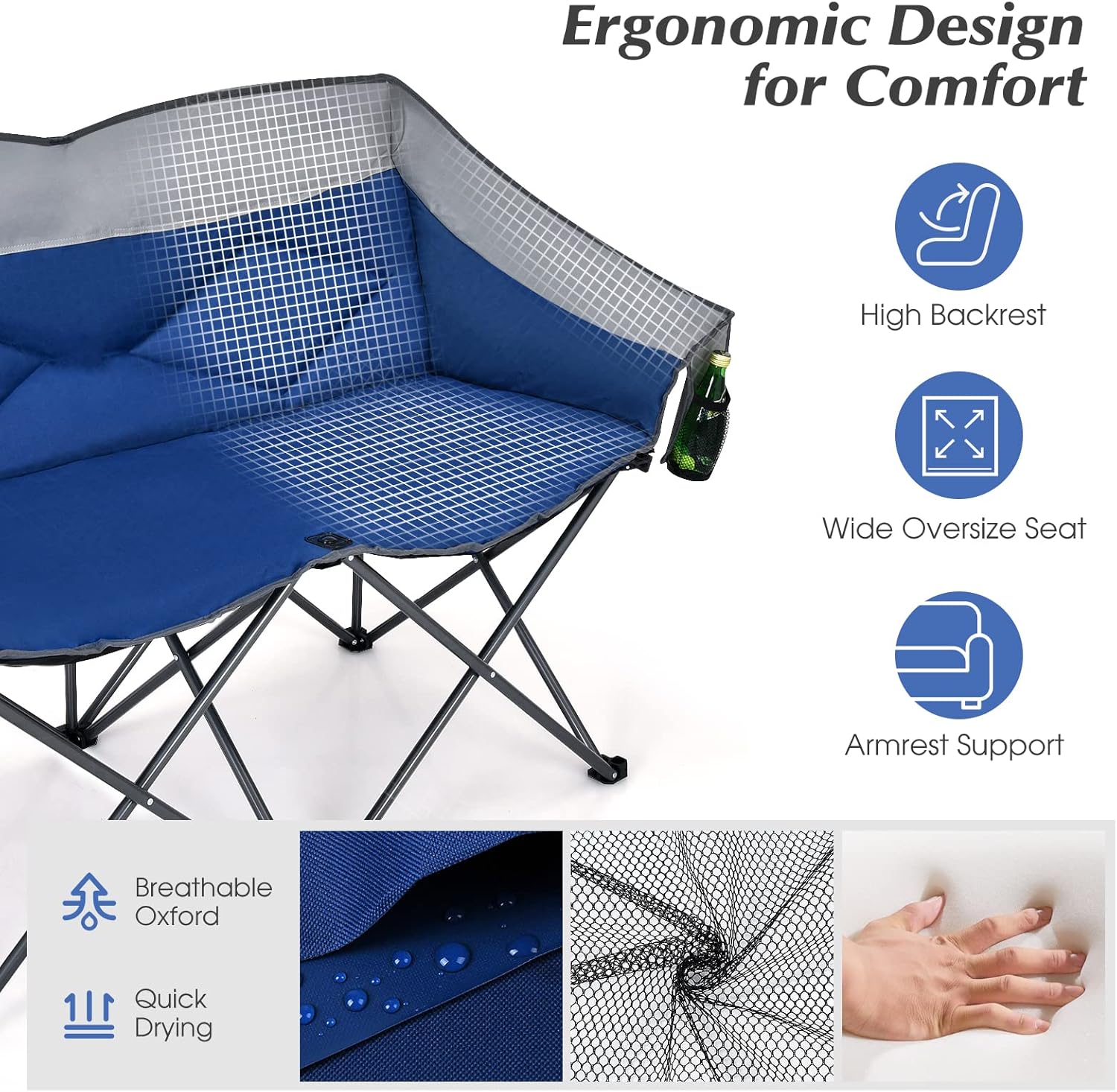 Double Camping Loveseat Chair with 2 Storage Pockets Blue