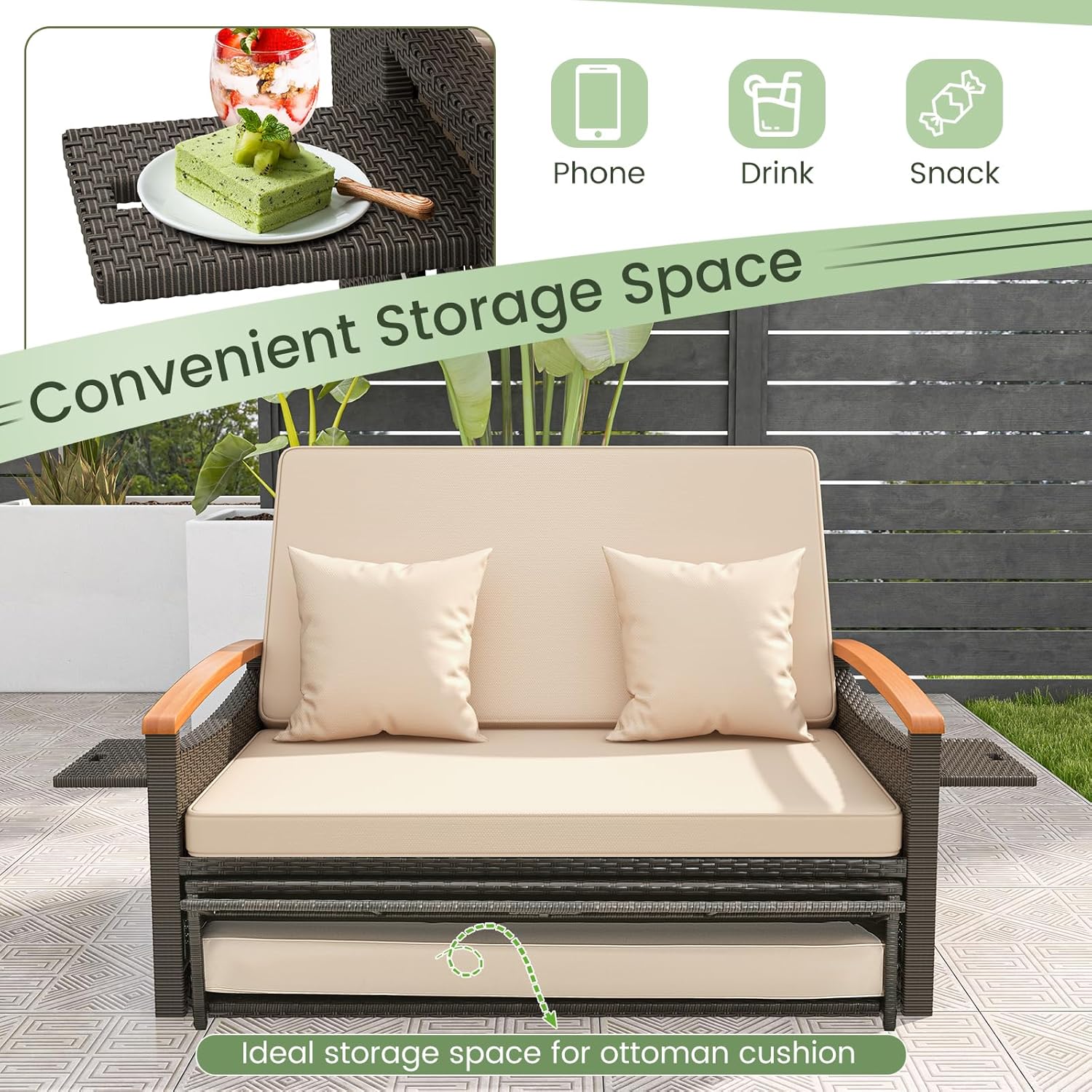 Outdoor Rattan Daybed Double Chaise Lounger Storage Ottoman Beige