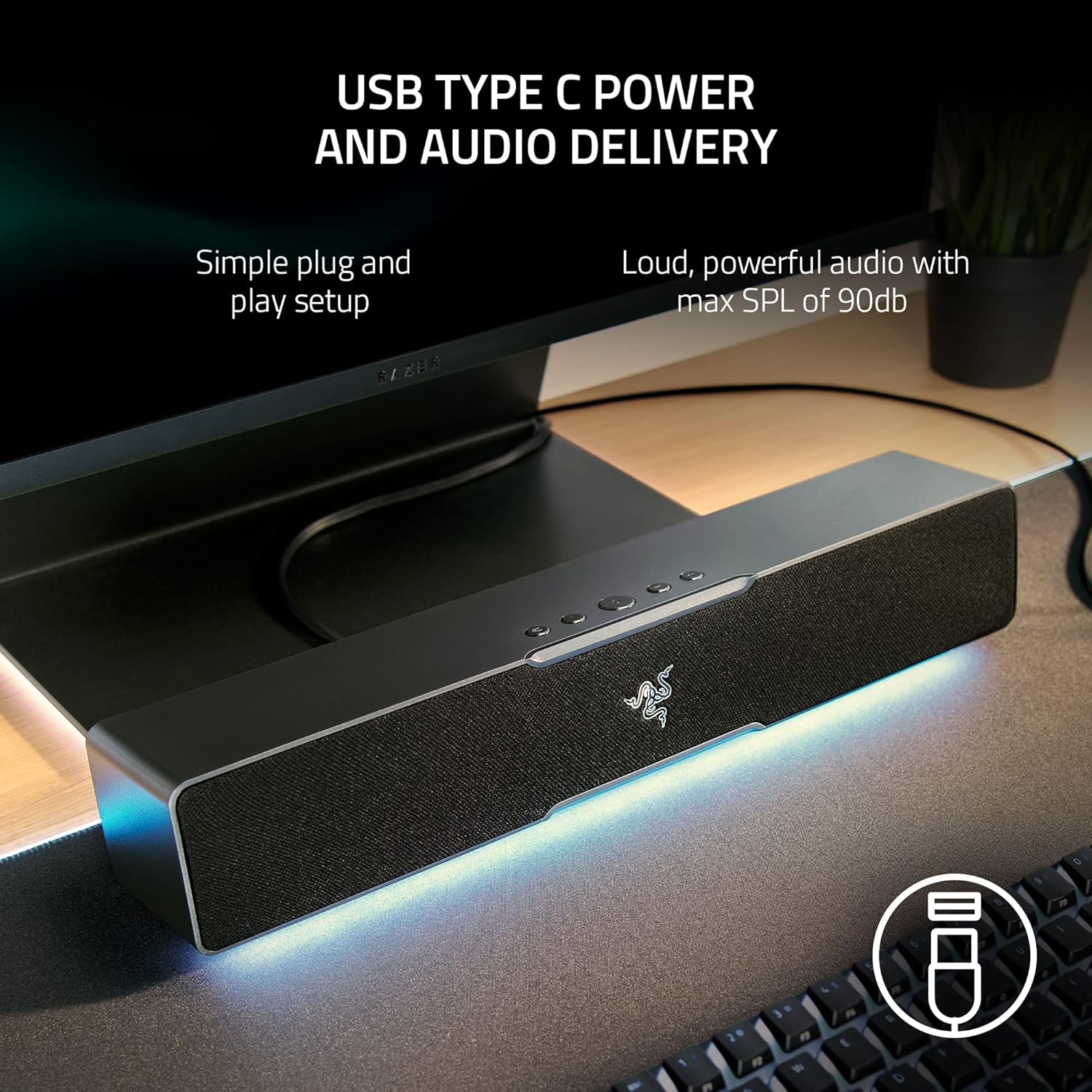 PC Gaming Soundbar USB C Bluetooth RGB Desktop Speakers Stereo Audio