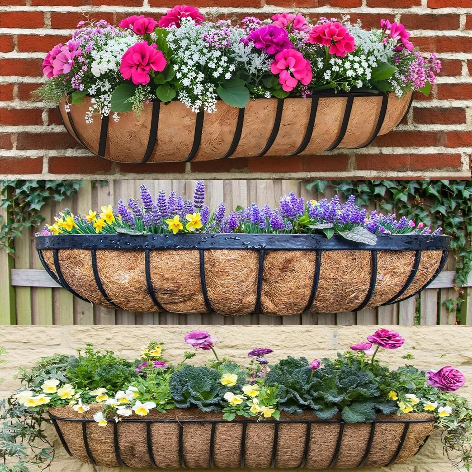 4 Pack 61cm Metal Rail Planters Window Box Coco Liner Set
