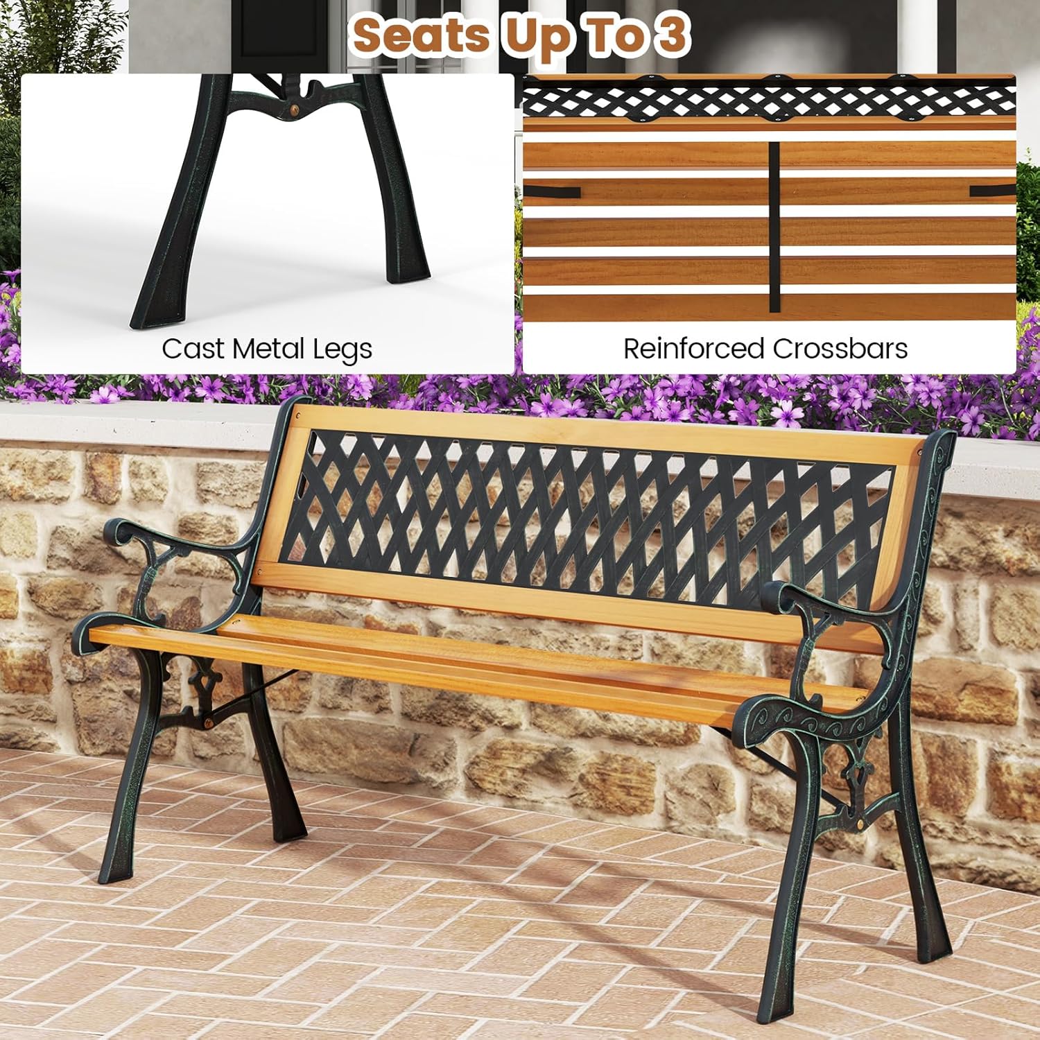 3 Seater Wooden Garden Bench Metal Frame Patio Park Seat