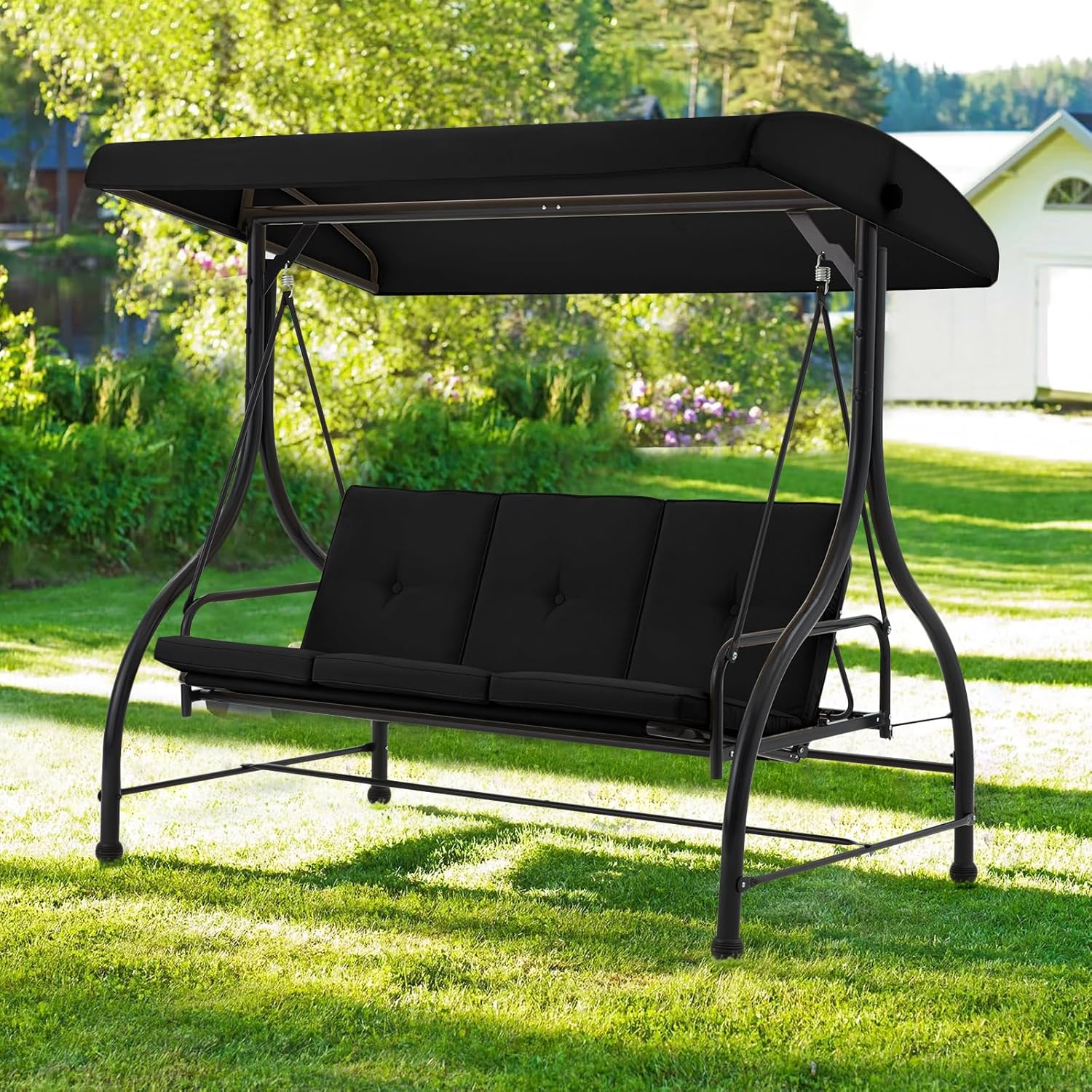 3 Seater Garden Swing Bed Black Canopy Cushion Steel