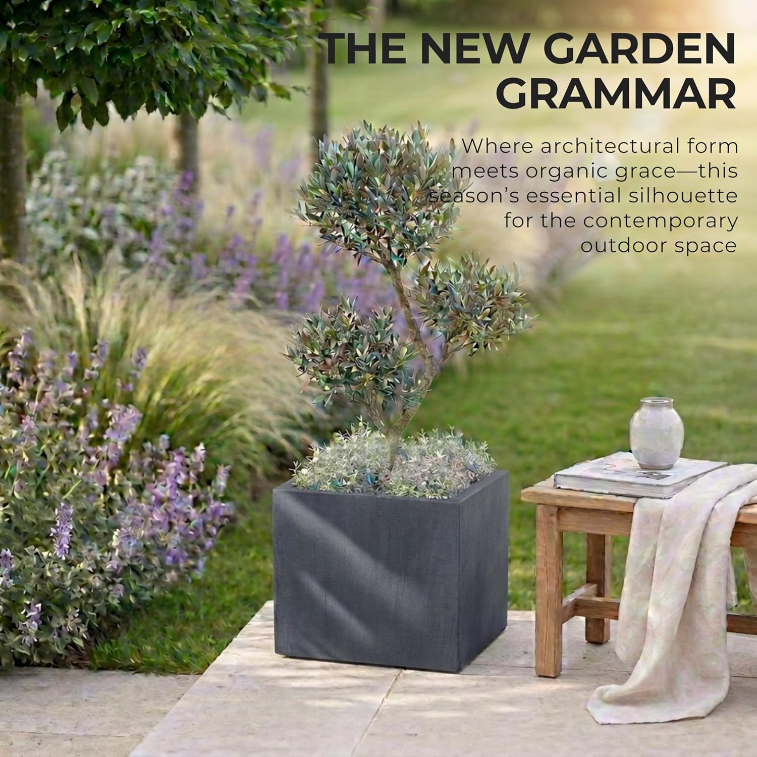 30cm Dark Grey Square Planter Stone Effect Garden Pot Drainage