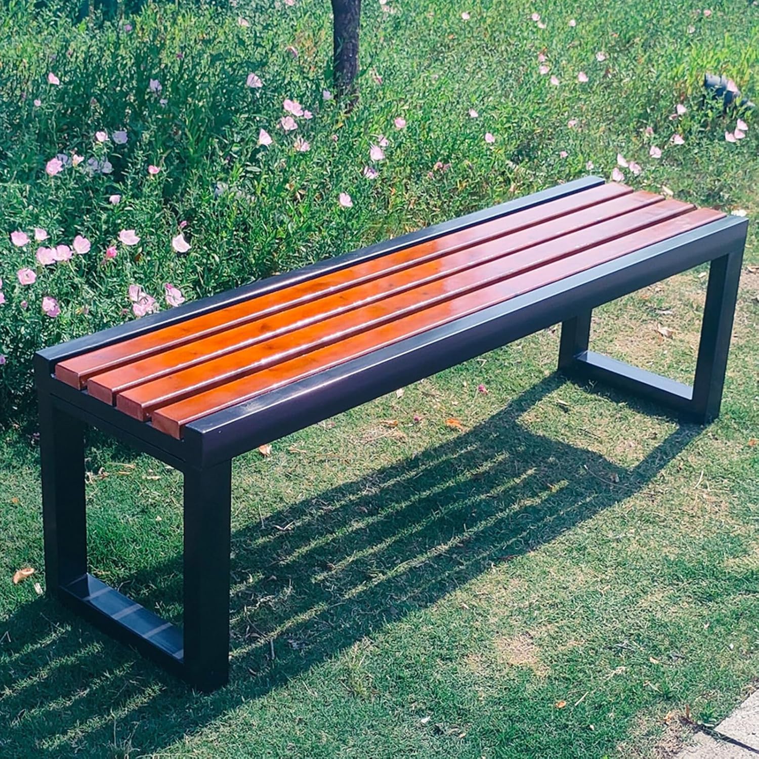 Backless Wooden Garden Bench 100cm Metal Frame Patio Seat