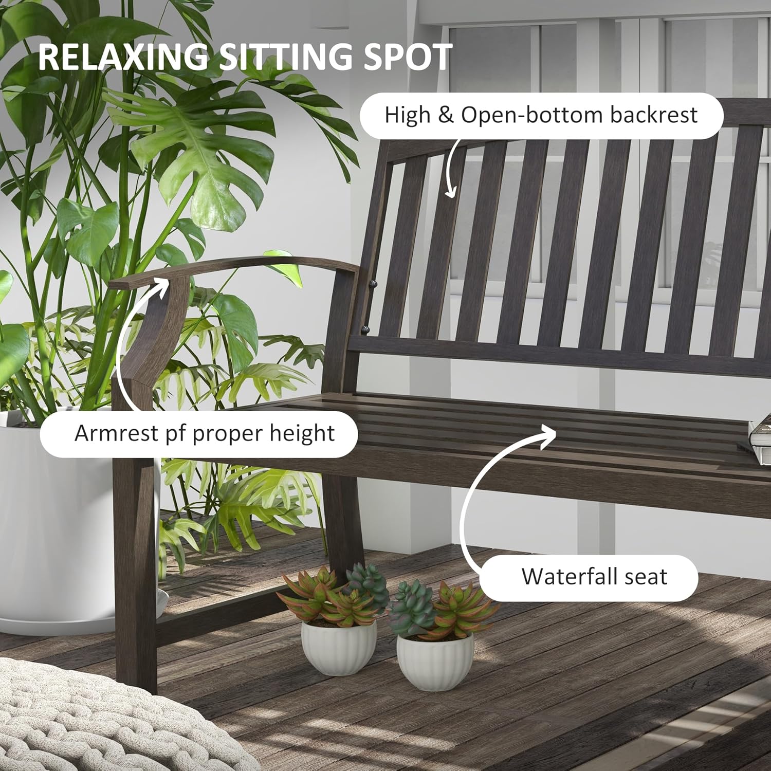2 Seater Metal Garden Bench Outdoor Patio Seat w/Armrests