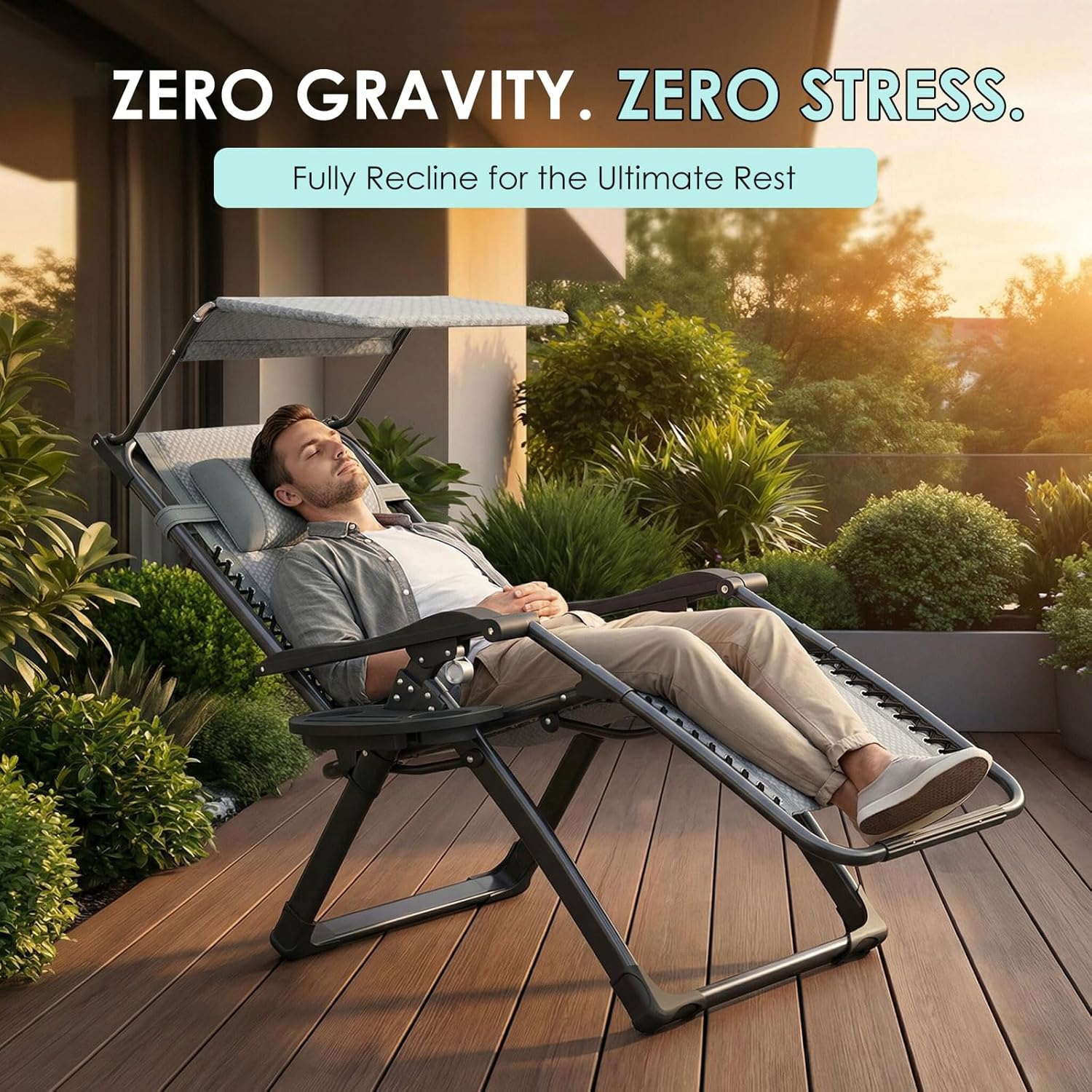 Zero Gravity Lounge Chair Foldable Recliner Canopy Cup Holder Grey