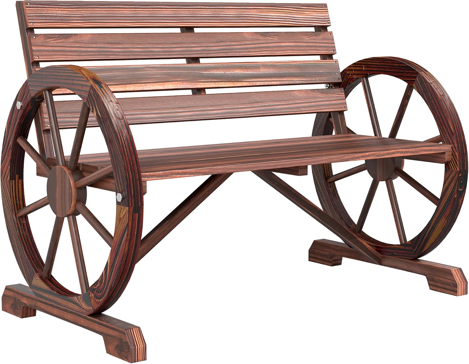 Rustic Wooden Garden Bench 2 Seater Wagon Wheel Armrest Patio Seat