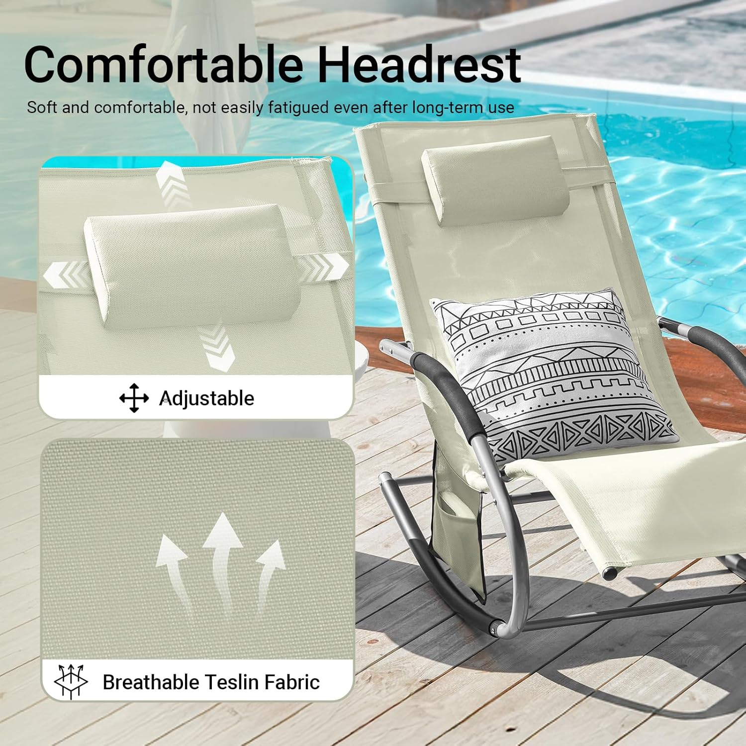 Outdoor Rocking Recliner Chair with Pillow Pocket Beige
