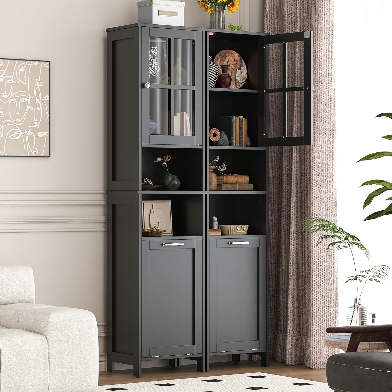 Tall Bathroom Cabinet Laundry Basket Acrylic Door Black 170cm