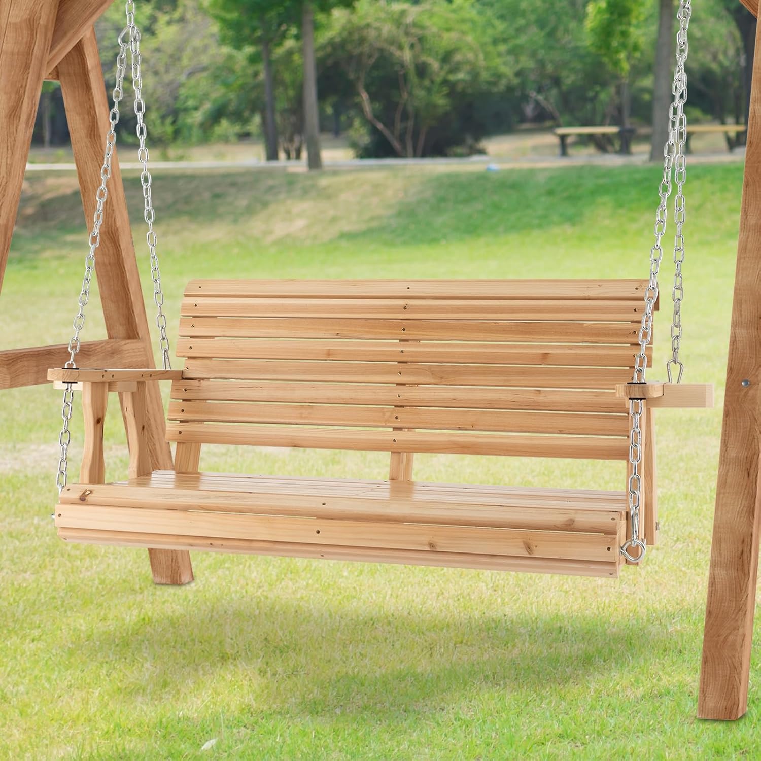 2 Seater Wooden Garden Swing Bench Cup Holders Natural