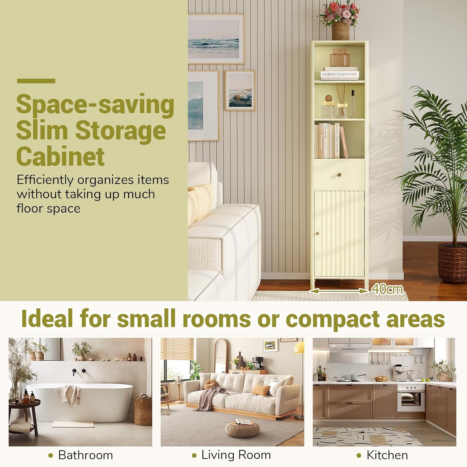 Slim Bathroom Tall Cabinet Drawer Shelf Unit Beige