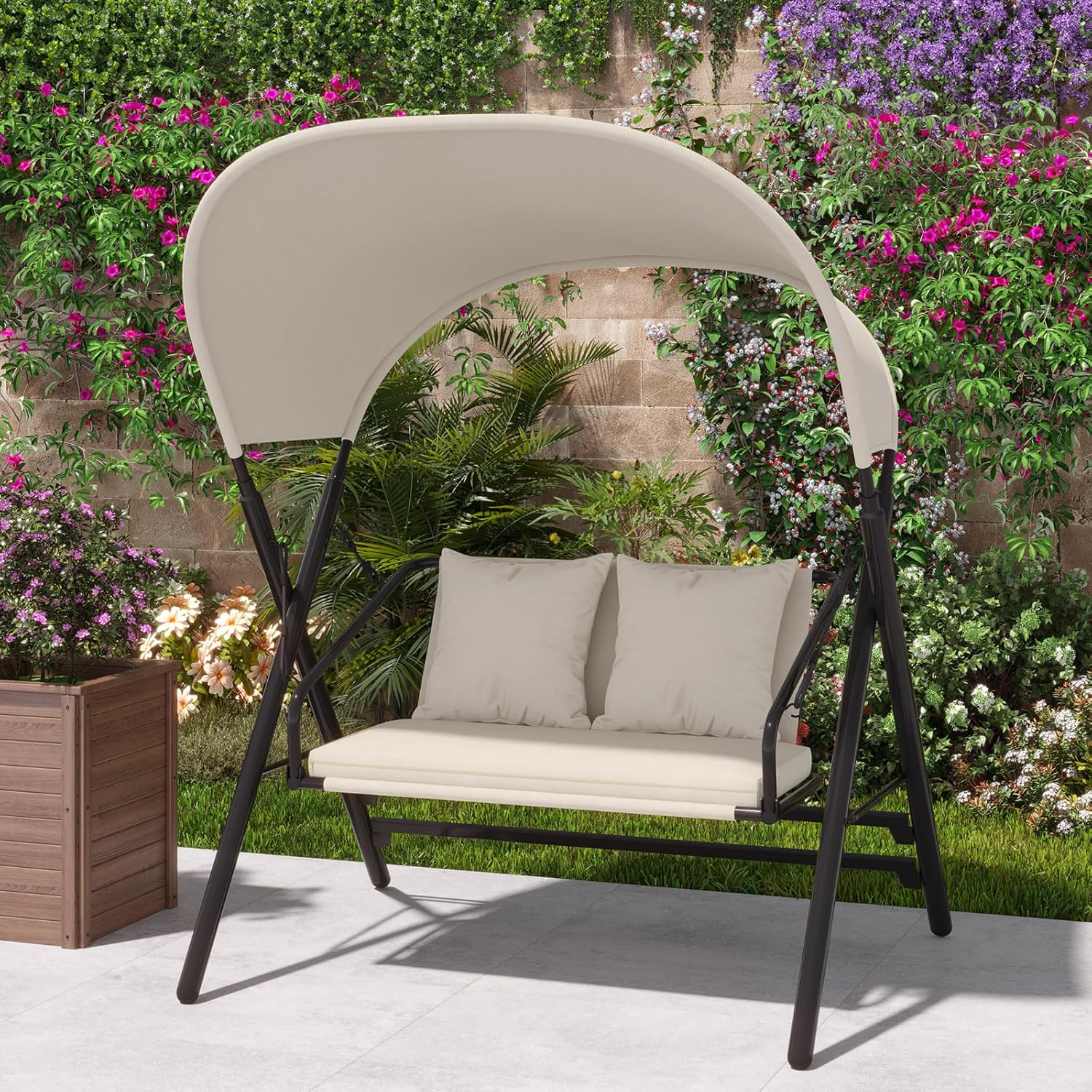 2 Seater Garden Swing Seat Canopy Cushions Metal Frame 272kg