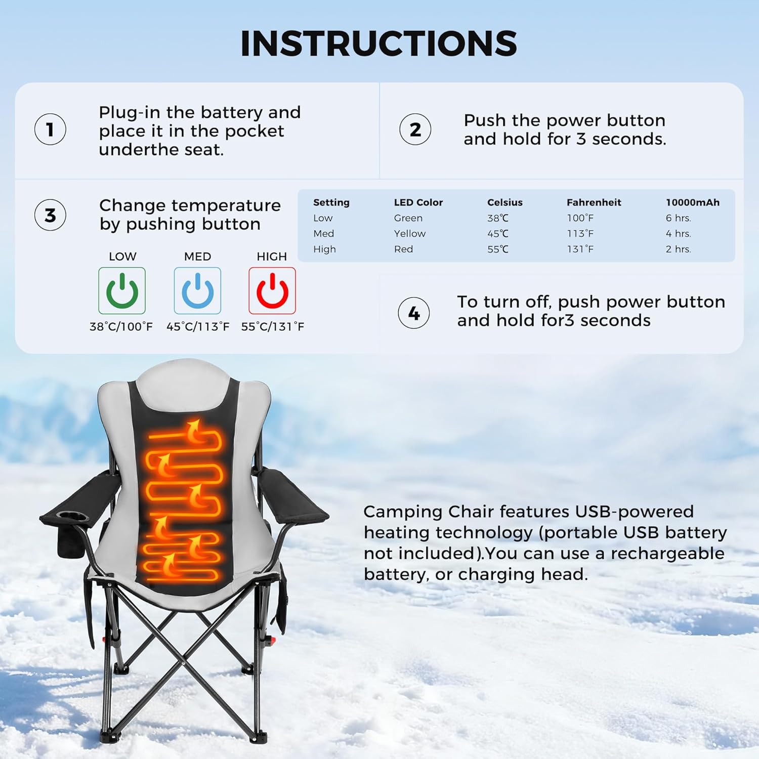 Heated Folding Camping Chair 159kg Reclining High Back