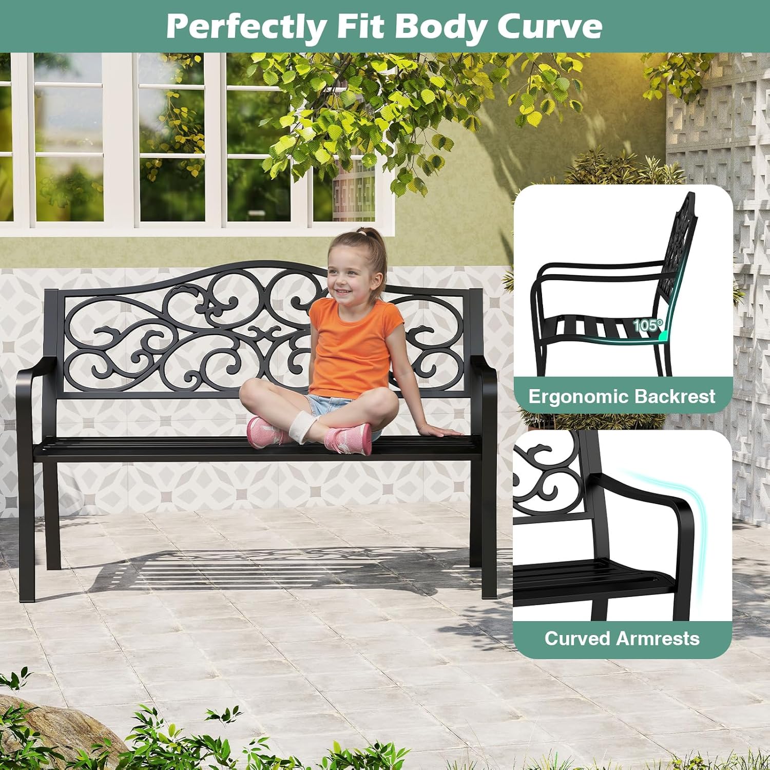 Metal Garden Bench 2-3 Seater Scroll Back Patio Seat Black