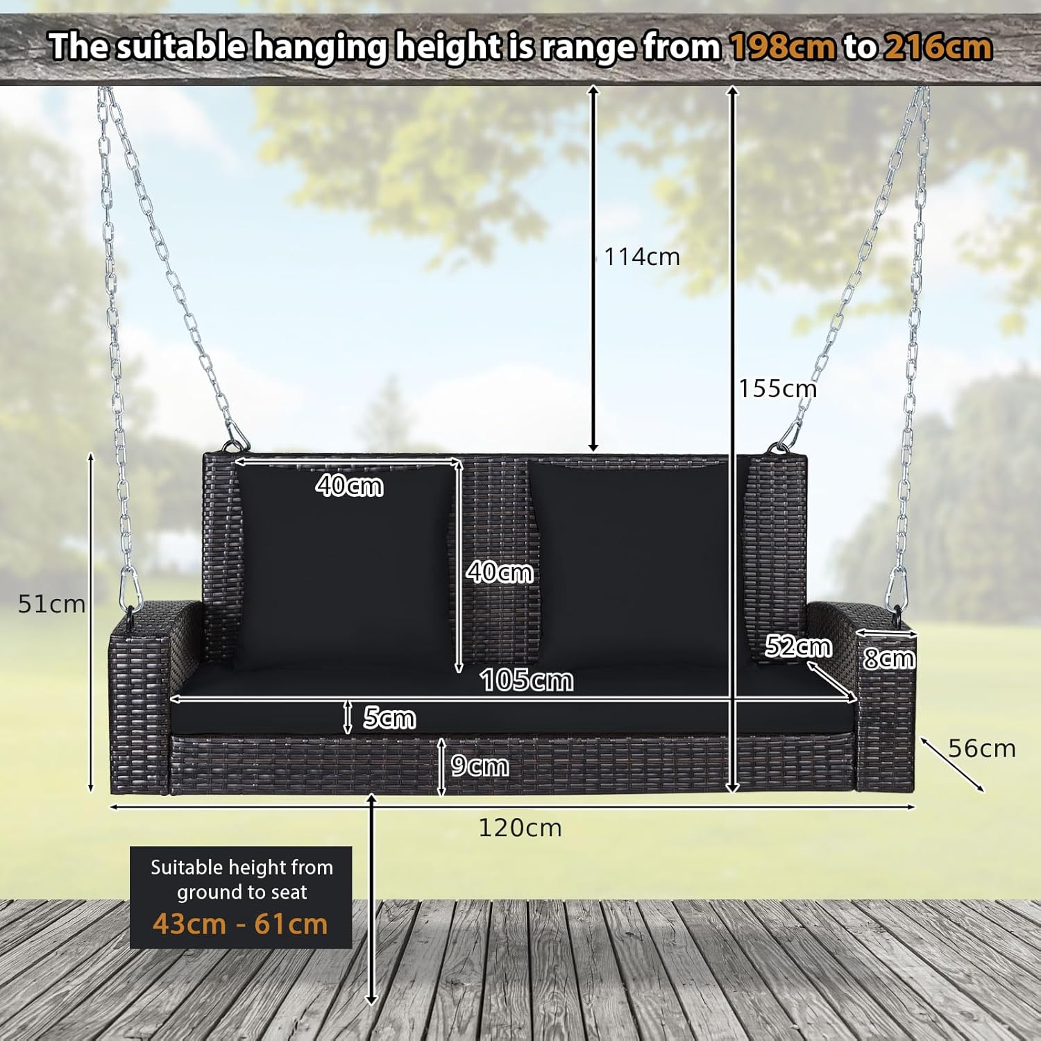 2 Person Rattan Swing Set Black Cushions A Frame Stand