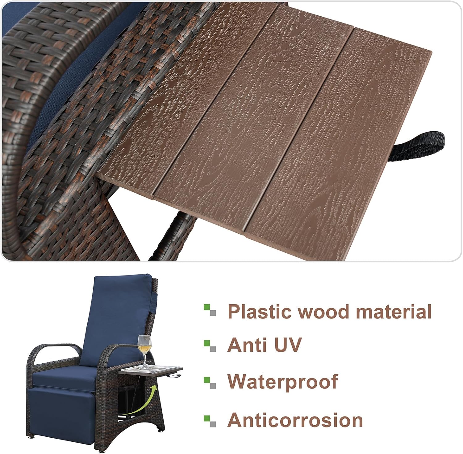 Rattan Recliner Garden Chair with Side Table Navy Blue