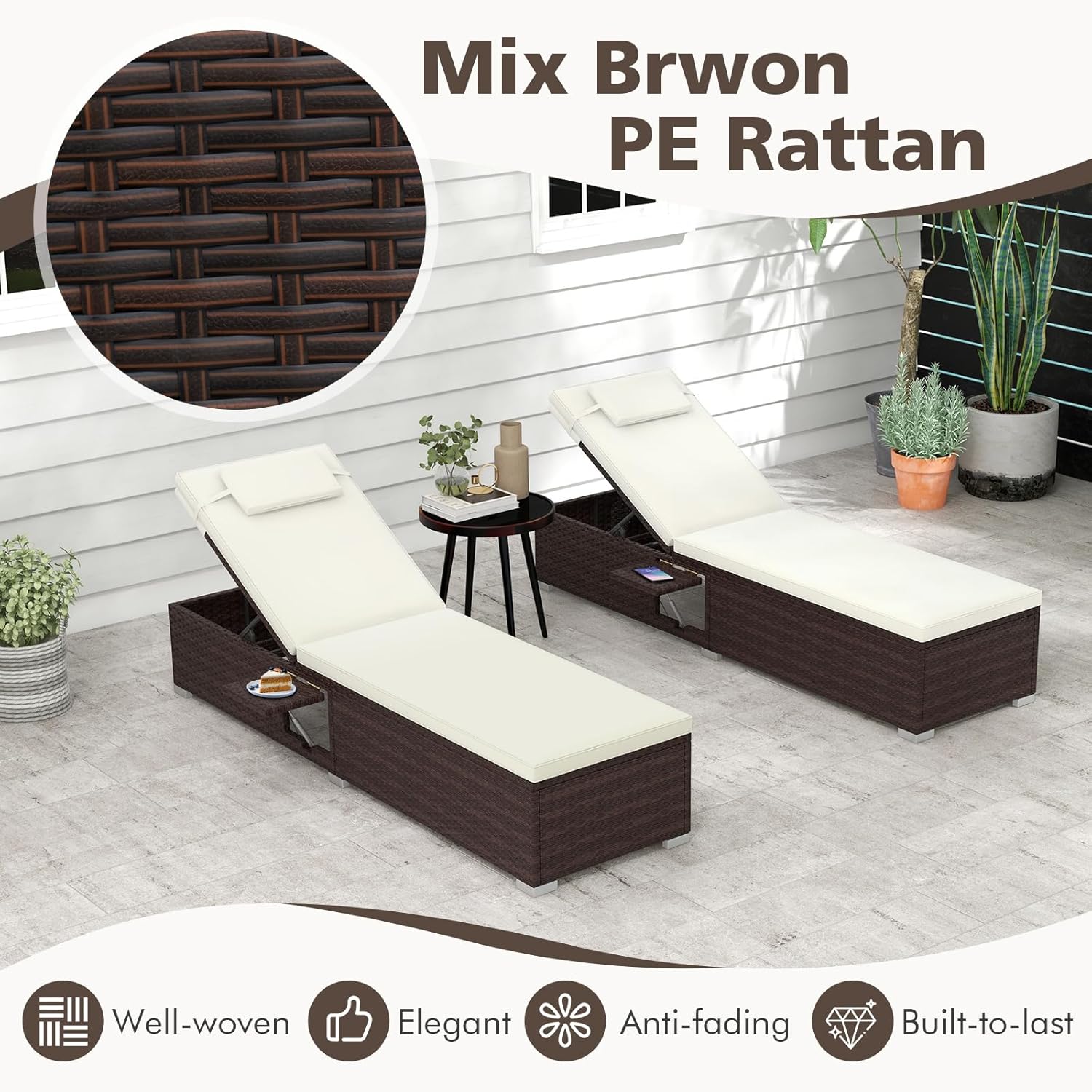 Rattan Sun Lounger 6 Level Recliner with Table Cream