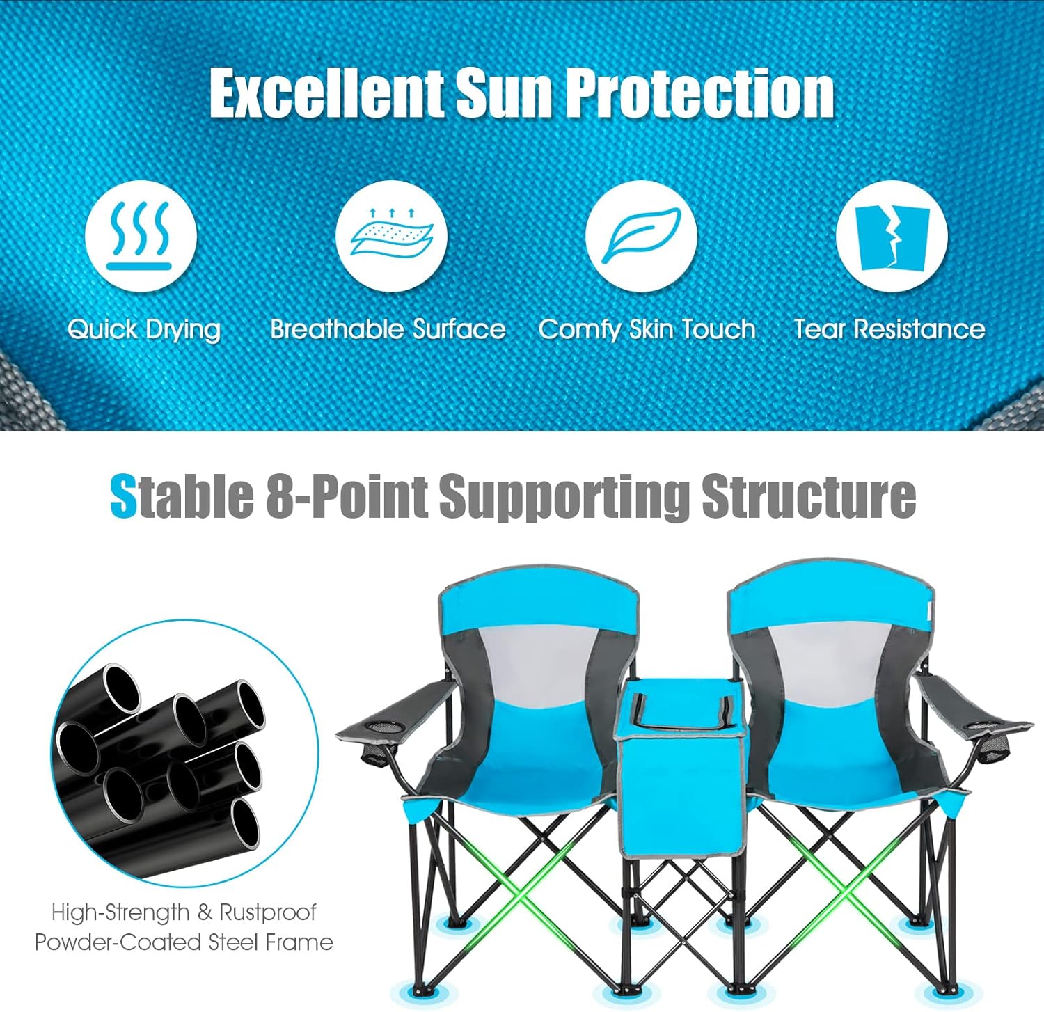 Double Camping Chair with Canopy Cooler Bag Cup Holders Blue