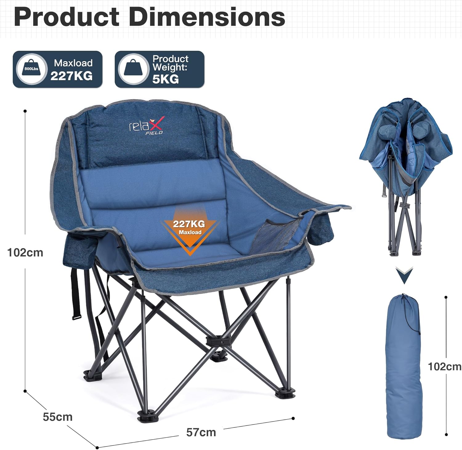 Oversized Padded Camping Chair 227KG Blue