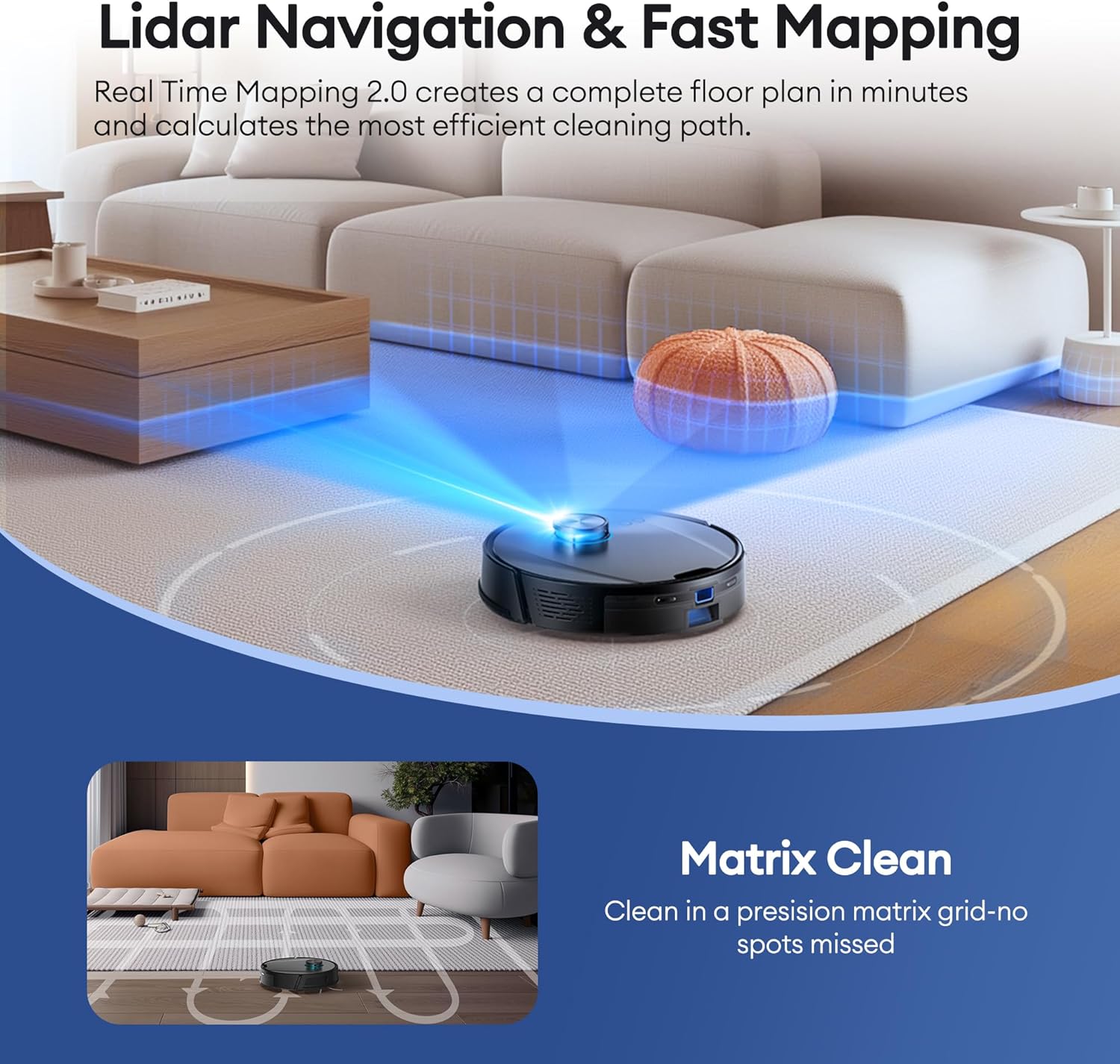 Robot Vacuum Mop 5000Pa LiDAR Mapping App Voice Control Pet Hair