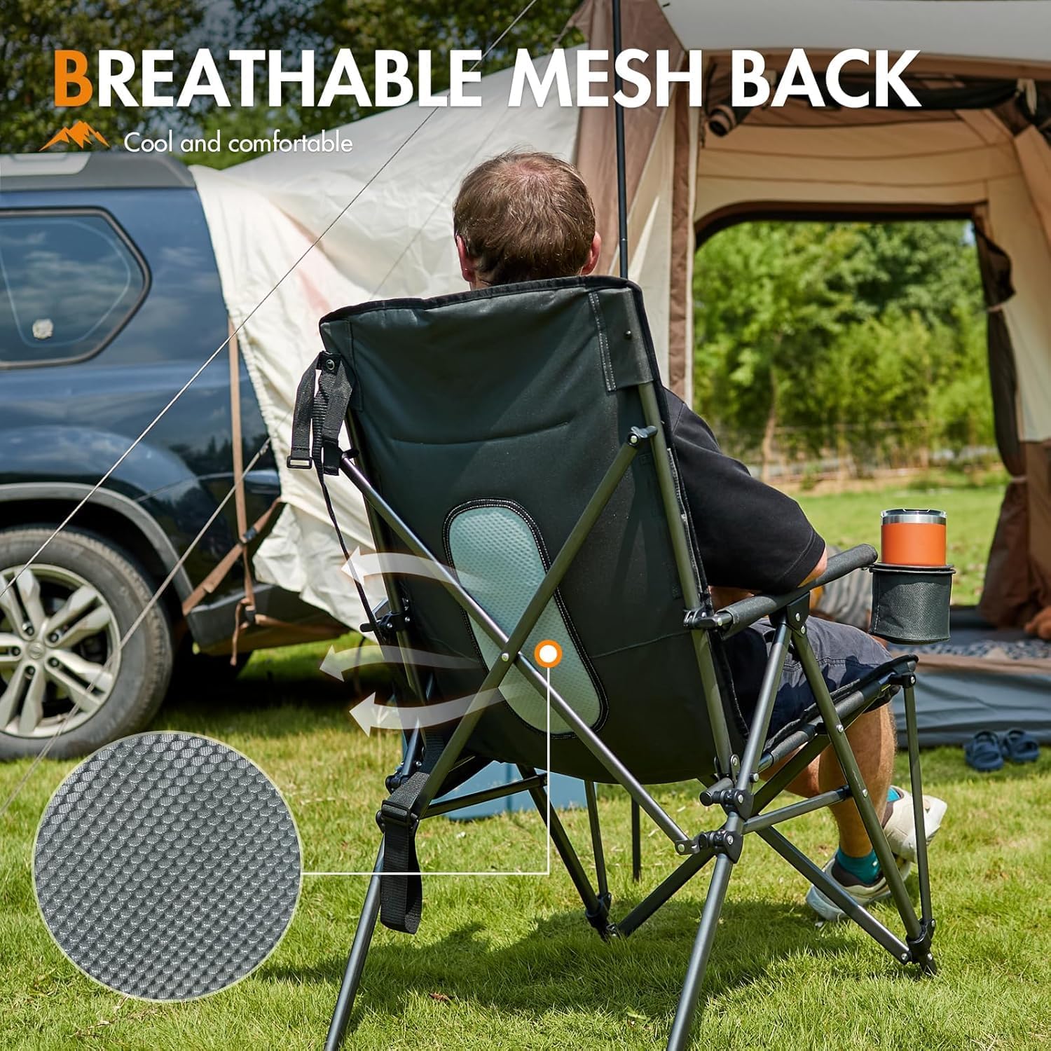 High Back Folding Camping Chair 180kg Heavy Duty Black