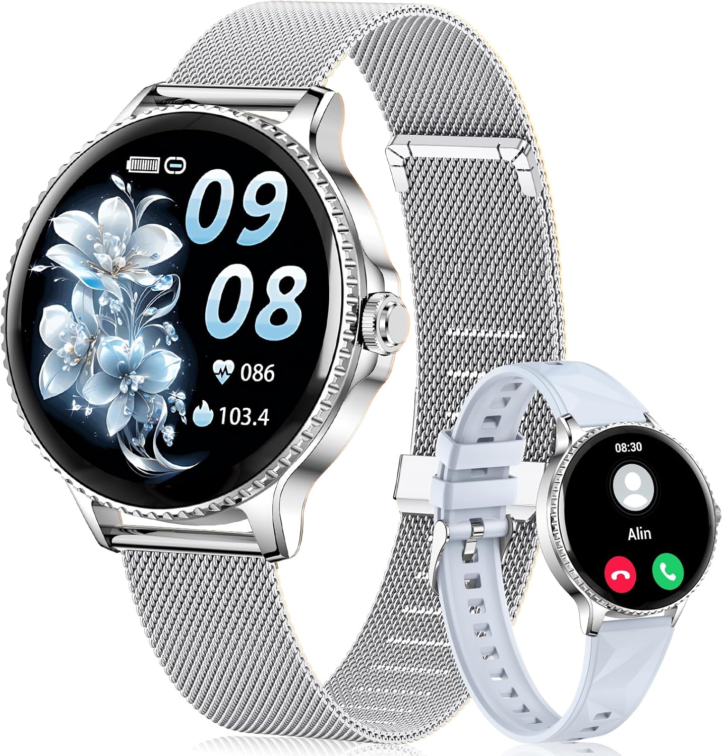 Womens Silver Smart Watch Bluetooth Call 2 Straps