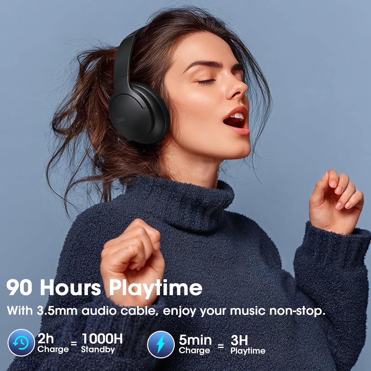 Bluetooth Over Ear Headphones 90H Playtime HiFi Stereo Bass 9 EQ Wireless