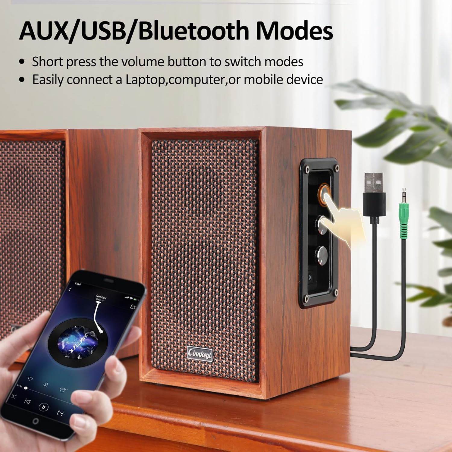 40W Bluetooth Bookshelf PC Speakers Wooden Stereo Bass USB AUX