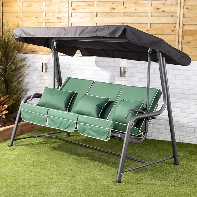 3 Seater Reclining Garden Swing Bed Green Canopy Cushions