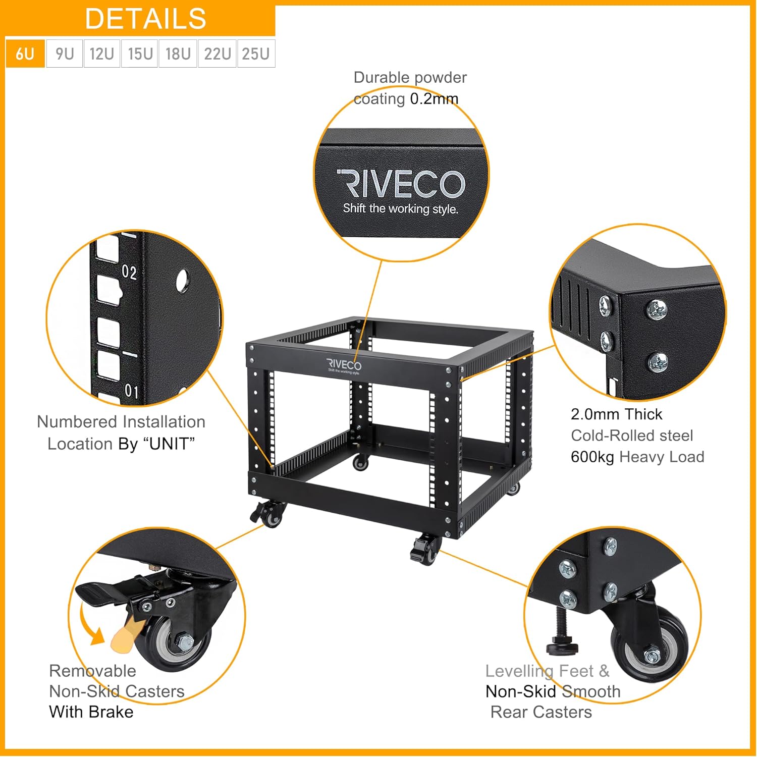 6U Open Frame Server Rack with Wheels 19 Inch Heavy Duty