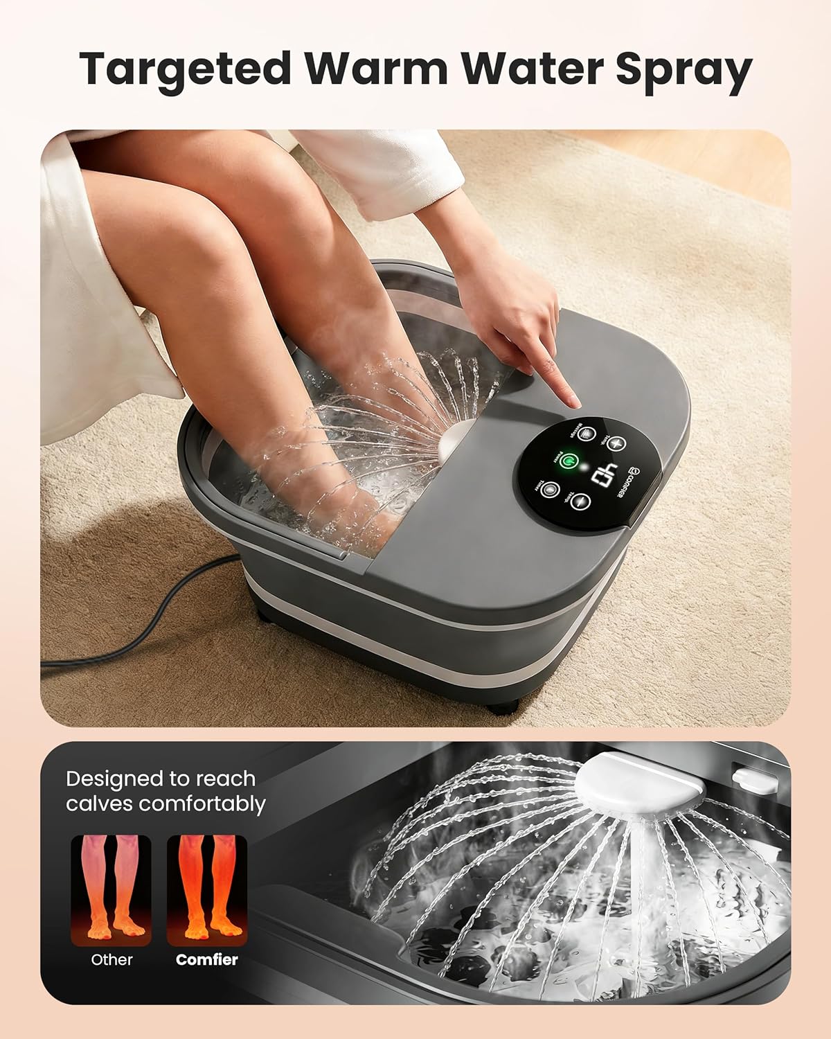 Foot Spa Massager Heat Waterfall Spray Rollers LED Timer Bath