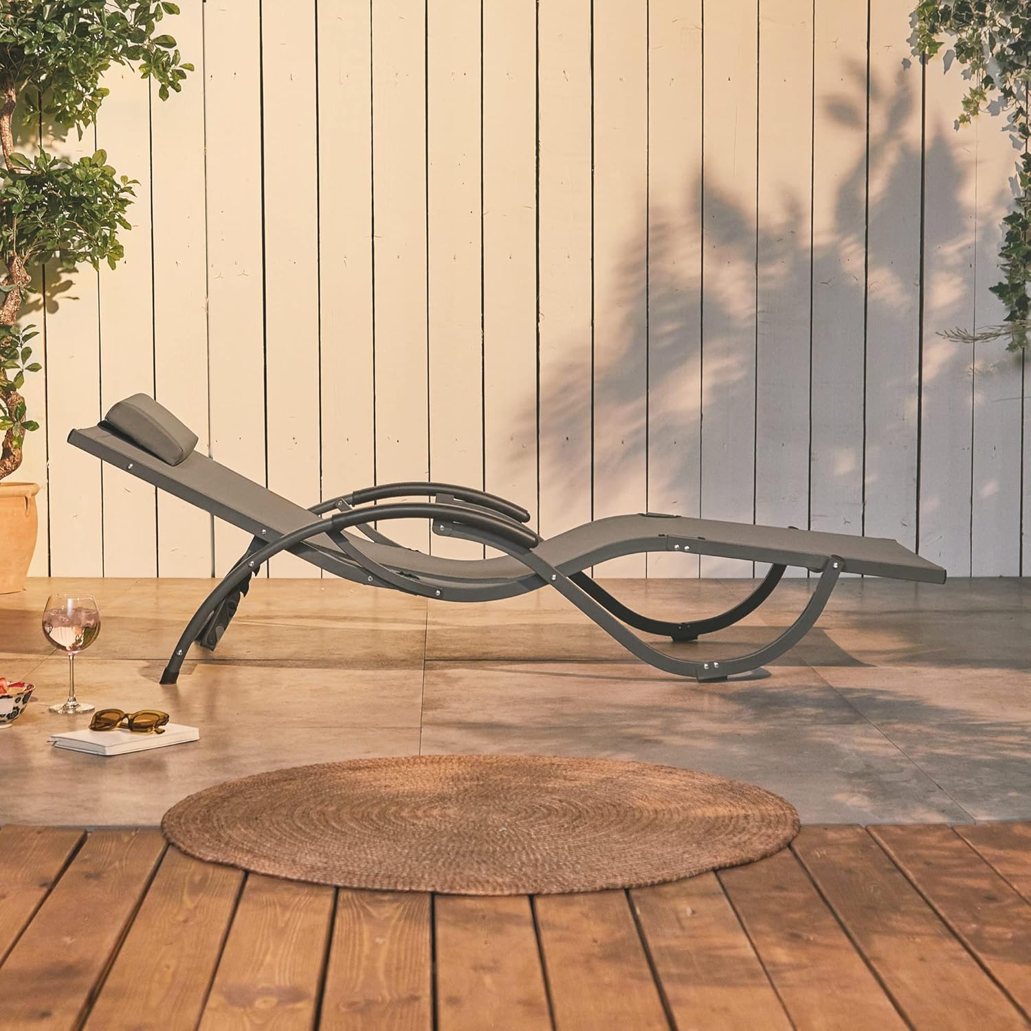Folding Sun Lounger Reclining Garden Chair Black Textoline