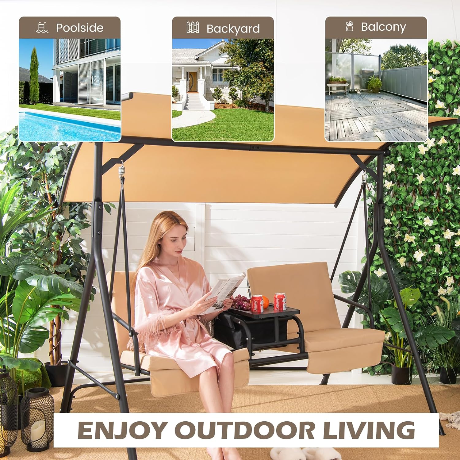 2 Person Garden Swing Chair Beige Canopy Cooler Tray