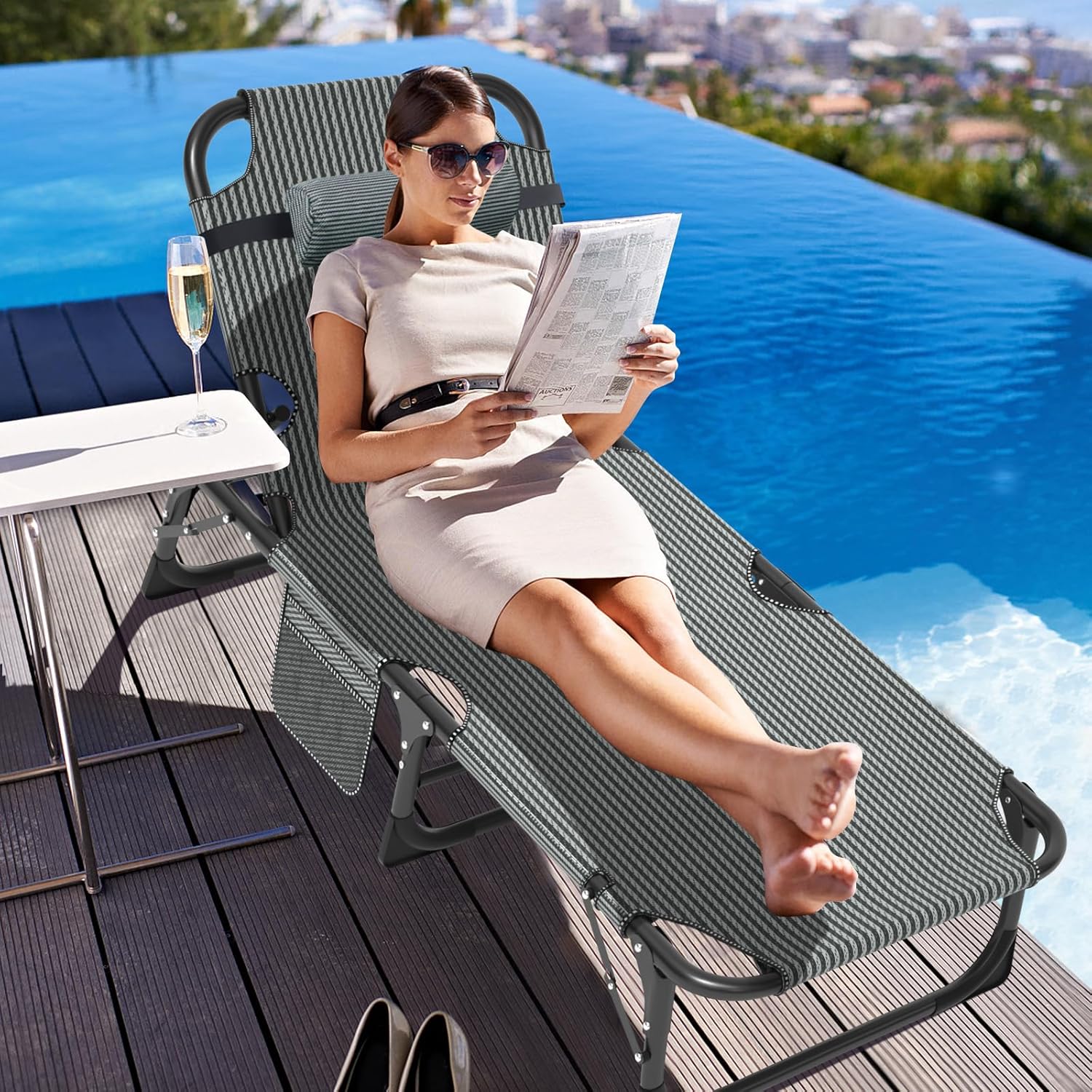 Folding Sun Lounger Guest Bed 5 Position 200kg Light Grey